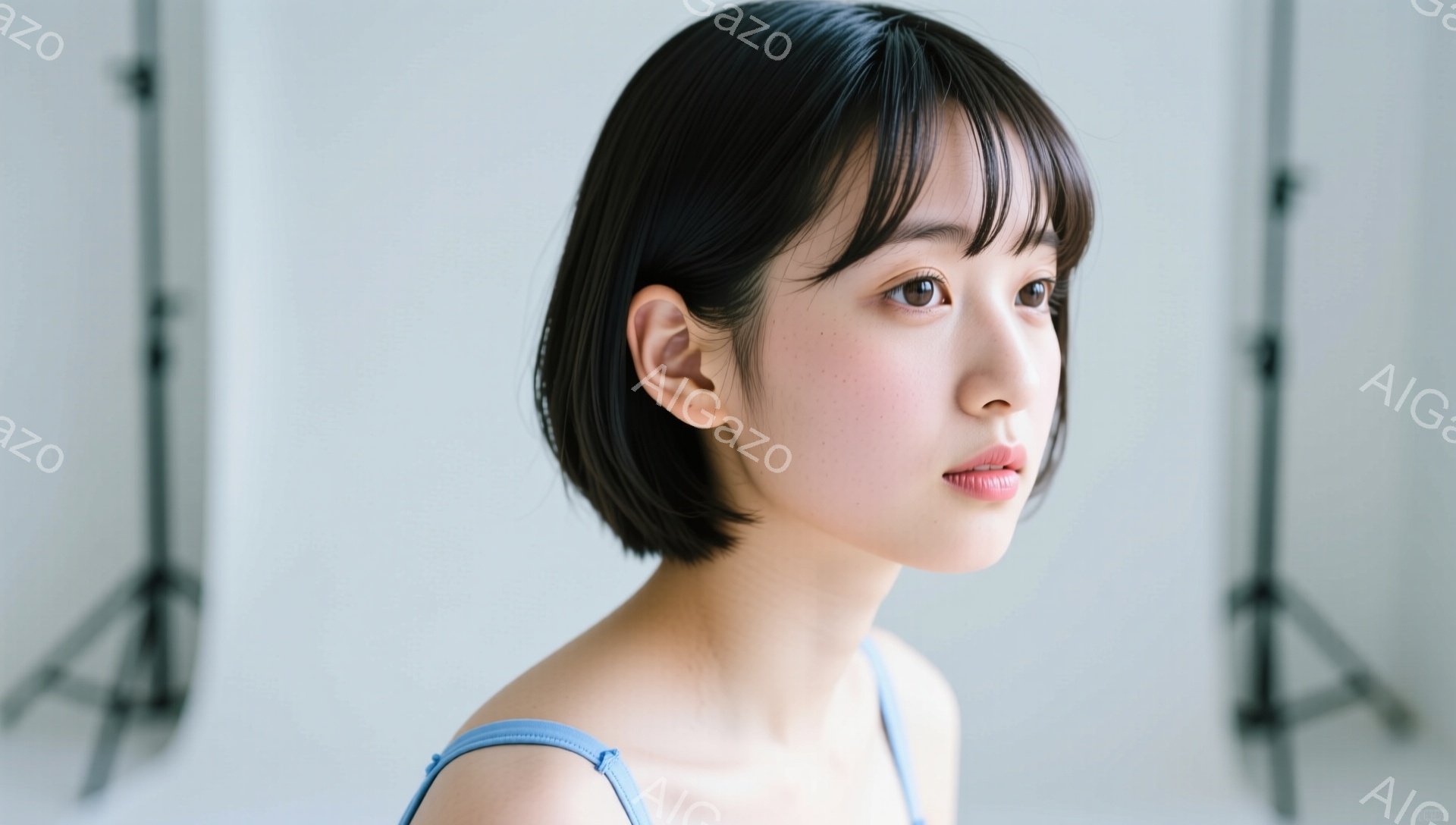 ショートヘアの若い女性が写っています。彼女は薄い水色のストラップレスのトップスを着ており、少し眉間にしわを寄せた、どこか物憂げな表情をしています。背景は白く、わずかにライトスタンドが見え、スタジオ撮影であることが伺えます。