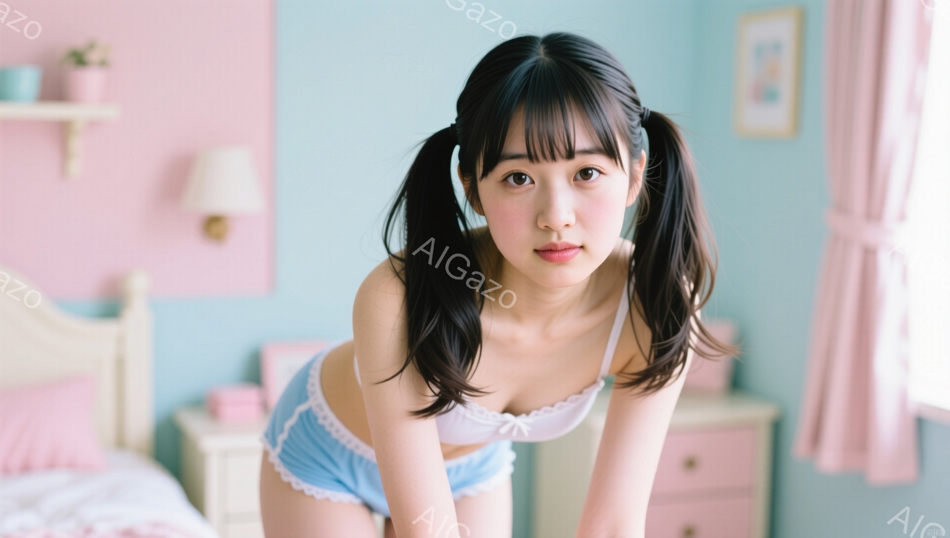 黒髪でサイドテールにした若い女性が、白いレースのブラと水色のショーツ姿で、わずかに前かがみの姿勢をとっています。背景には、ピンク色の壁、ベッド、ナイトスタンド、カーテンが見え、明るく可愛らしい雰囲気の - AI生成フリー素材