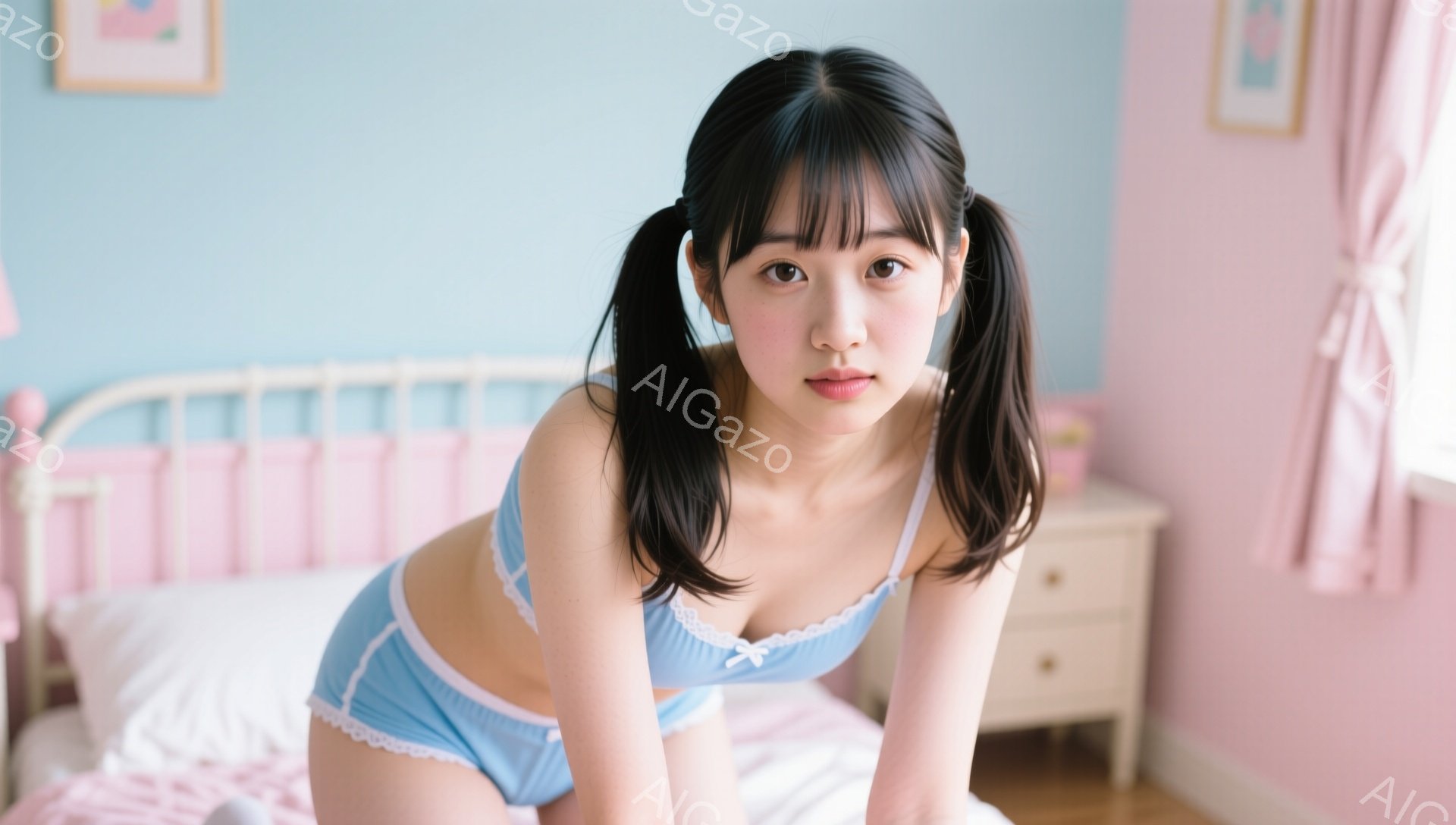 黒髪をツインテールにした若い女性が、薄い水色のブラとショーツのランジェリー姿でベッドに膝をついています。彼女はわずかに微笑んでおり、明るい表情でカメラを見ています。背景は淡いピンク色の壁と家具で、柔らかく優しい雰囲気を醸し出しています。