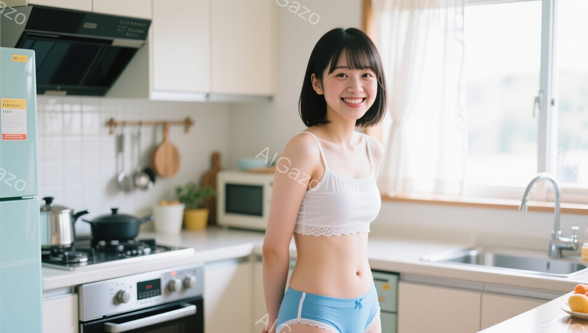 明るいキッチンを背景に、若い女性が白いブラトップと水色のショーツ姿で立っている。彼女は肩まで伸びた黒髪で、微笑みを浮かべ、リラックスした姿勢でカメラを見ている。キッチンには冷蔵庫、オーブン、シンクなどがあり、全体的に清潔で温かみのある雰囲気である。