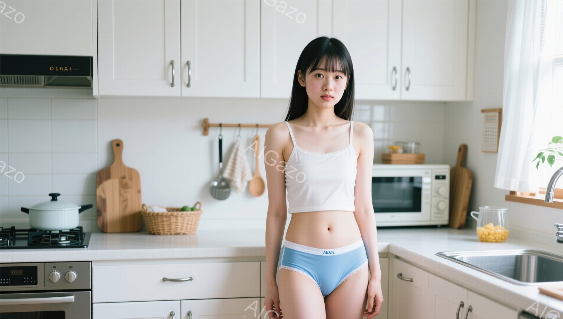 明るいキッチンを背景に、若い女性が白いタンクトップと水色の下着姿で立っている。彼女はストレートの黒髪で、表情は落ち着いており、やや微笑んでいるように見える。キッチンには調理器具や食料品が整理整頓されており、窓からは自然光が差し込んでいる。