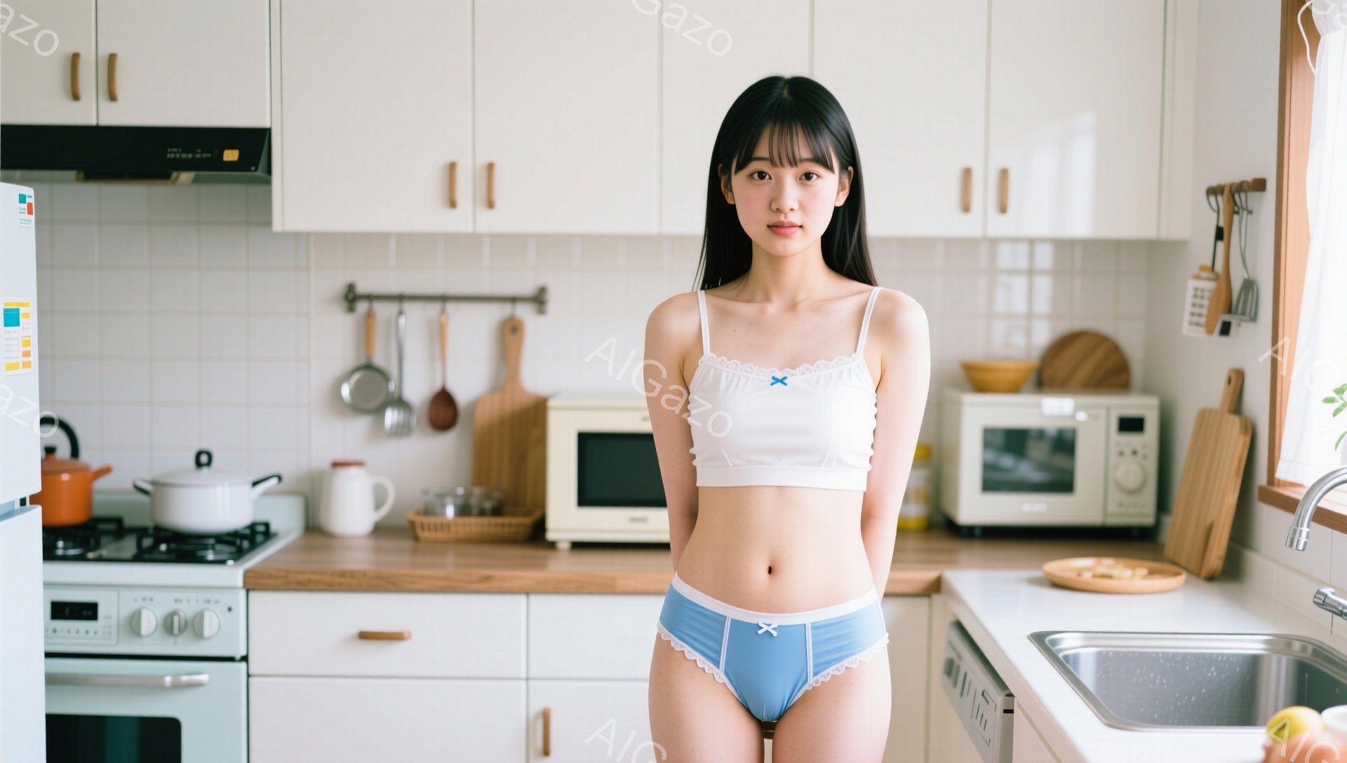 白いキッチンを背景に、若い女性が白いレースのブラと水色のショーツ姿で立っている。彼女はストレートの黒髪で、穏やかな表情をしており、正面を見つめている。キッチンには、調理器具、電子レンジ、シンクがあり、清潔感のある明るい雰囲気である。