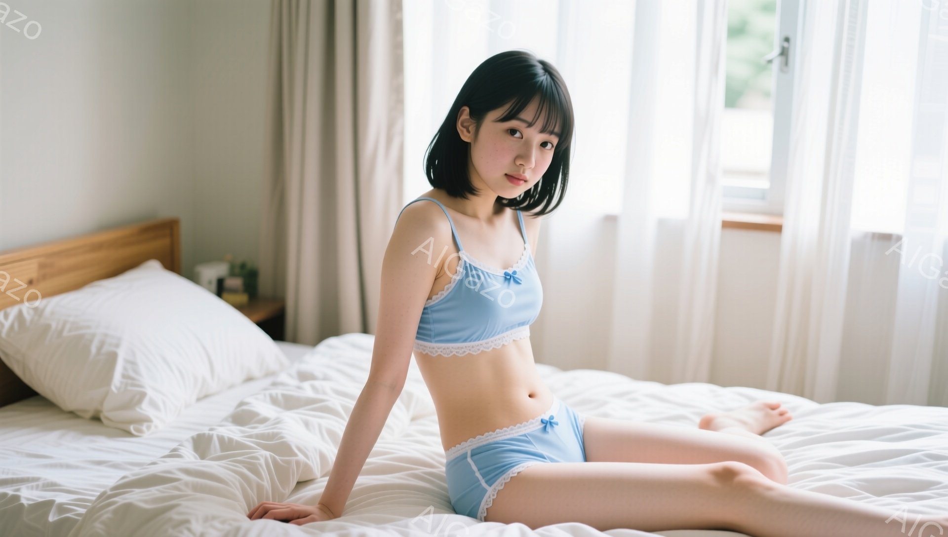 明るい部屋のベッドに座る若い女性が写っています。彼女は水色のレーストリムのブラとショーツを身につけ、足は組んで膝を曲げています。短い黒髪は肩にかかり、少し微笑んだ表情でこちらを見つめています。