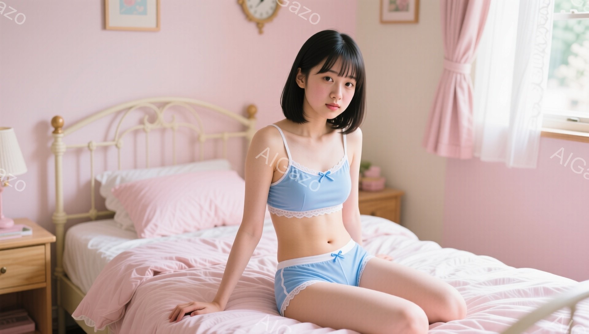 短い黒髪の女性が、パステルブルーのレースのブラとショーツのセットアップを着て、ピンクのベッドに座っています。彼女は少し憂鬱そうな表情で、膝を少し曲げ、片手を膝に乗せています。背景には、可愛らしい装飾が - AI生成フリー素材