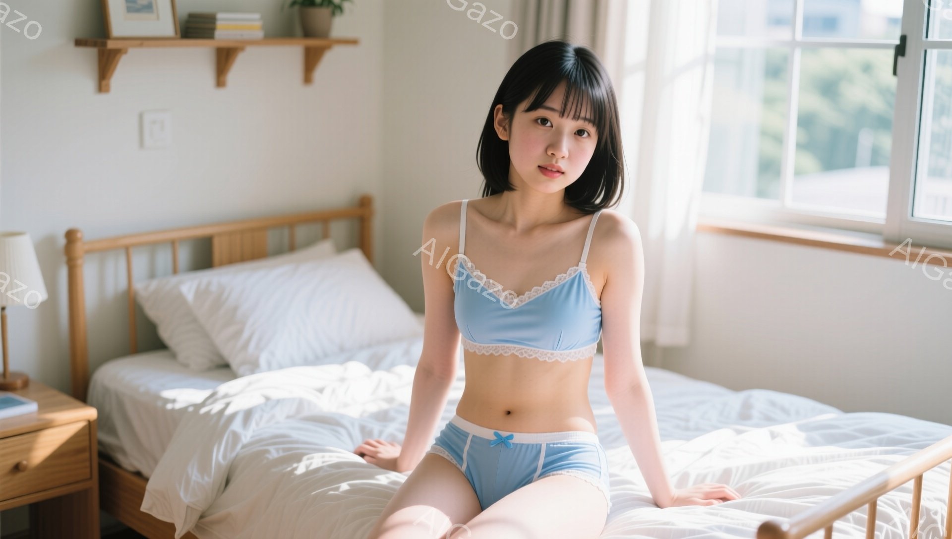 若い女性がベッドに座り、淡い水色のレース付きブラとショーツを身に着けています。彼女は黒髪のショートボブで、少し微笑み、穏やかな表情をしています。背景には白いベッド、木の棚、そして窓の外には建物が見え、 - AI生成フリー素材