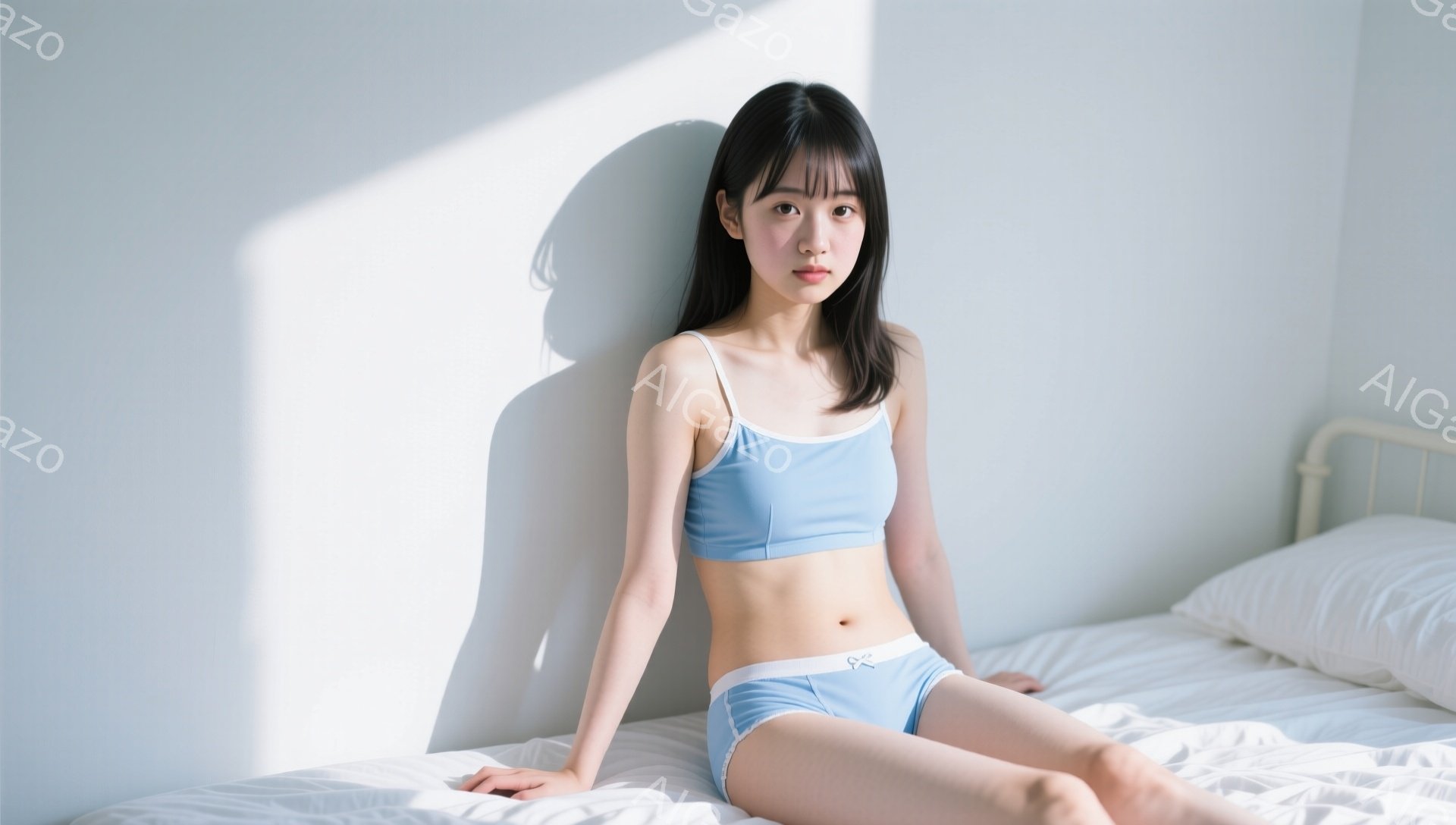 浅いブルーのキャミソールとショーツを身に着けた若い女性が、白いベッドに座ってこちらを見つめています。彼女はダークブラウンのストレートヘアで、表情はやや無表情で、リラックスしたポーズをとっています。背景は白く、光が差し込み、シンプルな寝室の一室を思わせる、クリーンで明るい雰囲気です。