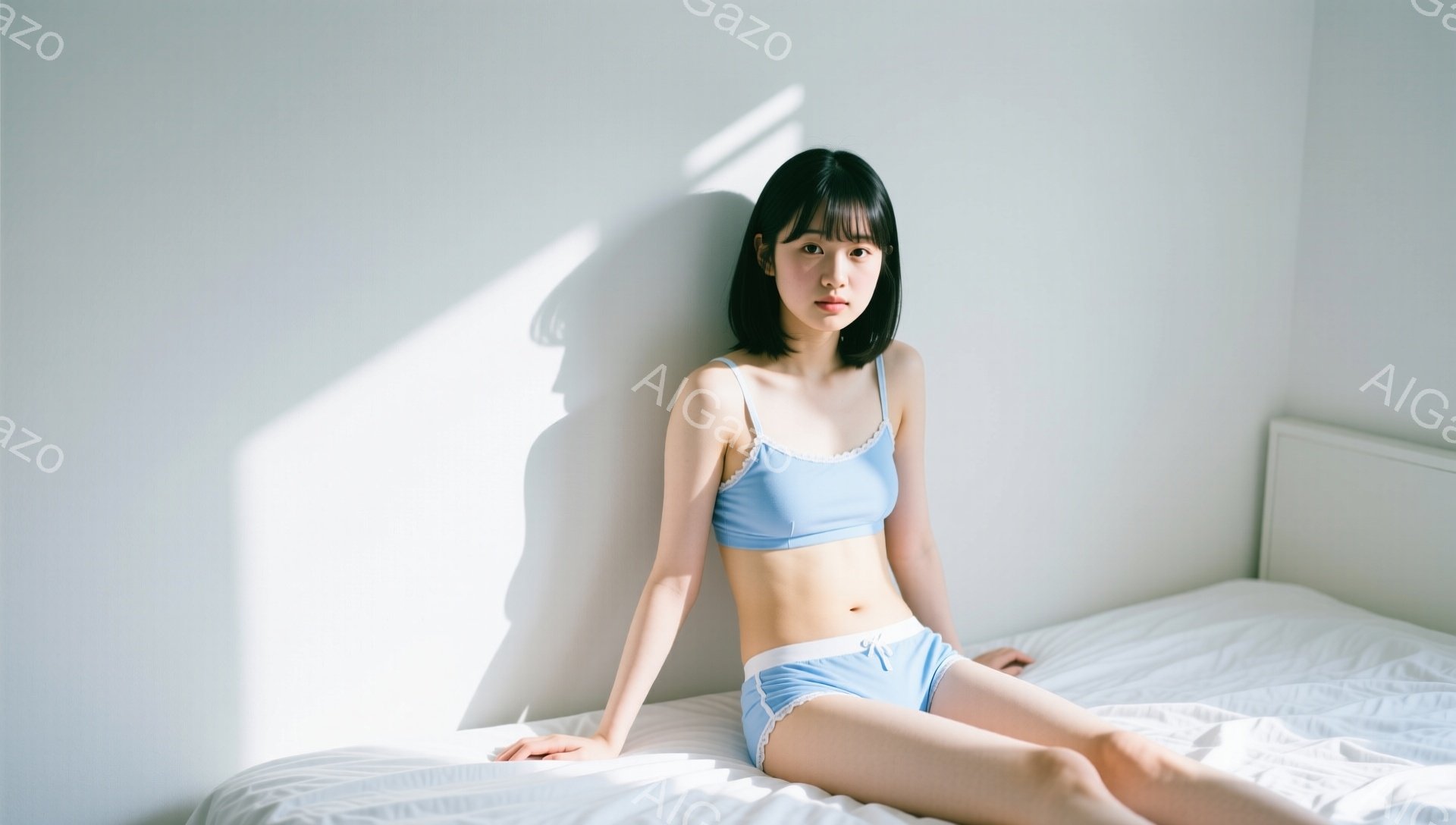 浅いブルーのキャミソールとショーツを身につけた若い女性が、白いベッドに横たわっている。彼女は黒髪のボブヘアで、少し憂いのある表情でカメラを見つめている。背景は白く、強い光が差し込み、影が壁に映り込み、全体的に明るく清潔感のある雰囲気である。
