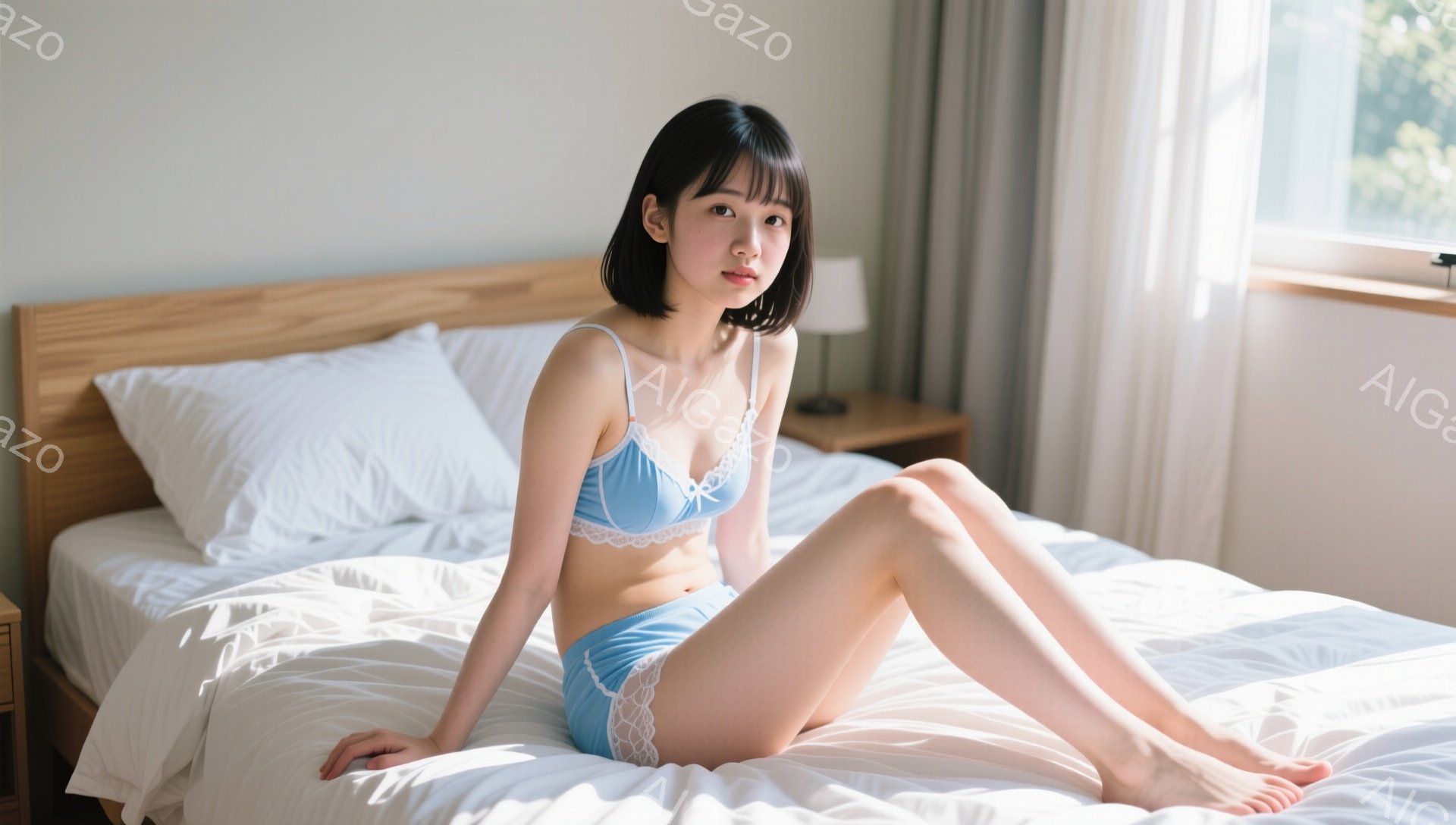 ショートヘアの女性がベッドに座っており、水色のレース付きブラとショーツを着用しています。彼女は少し微笑んでおり、リラックスした雰囲気です。背景には木製のベッドフレームと窓からの自然光が見え、室内が明る - AI生成フリー素材