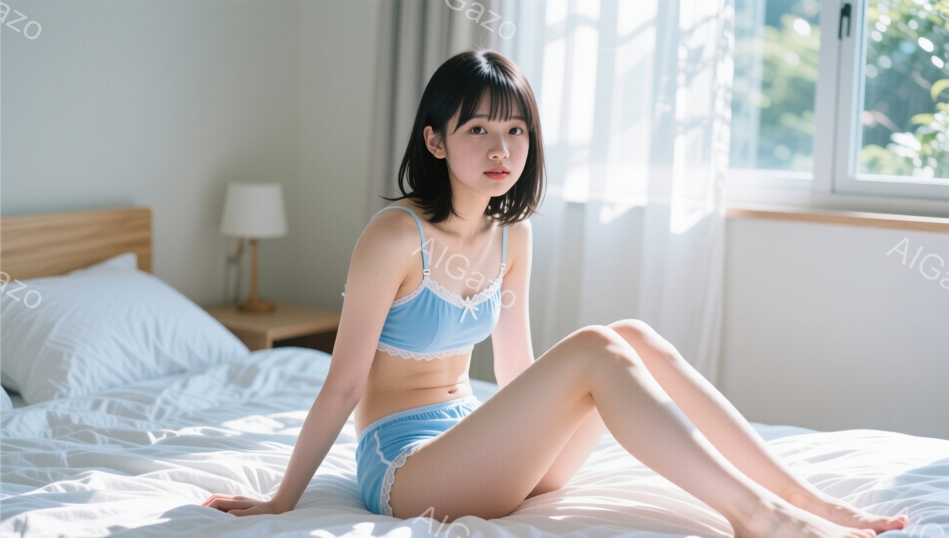 若い女性がベッドに座っており、水色のレースの付いたブラとショーツを身につけている。彼女は短い黒髪で、前髪が目に少しかかるようにカットされている。表情は穏やかで、少し微笑んでいるように見える。 - AI生成フリー素材