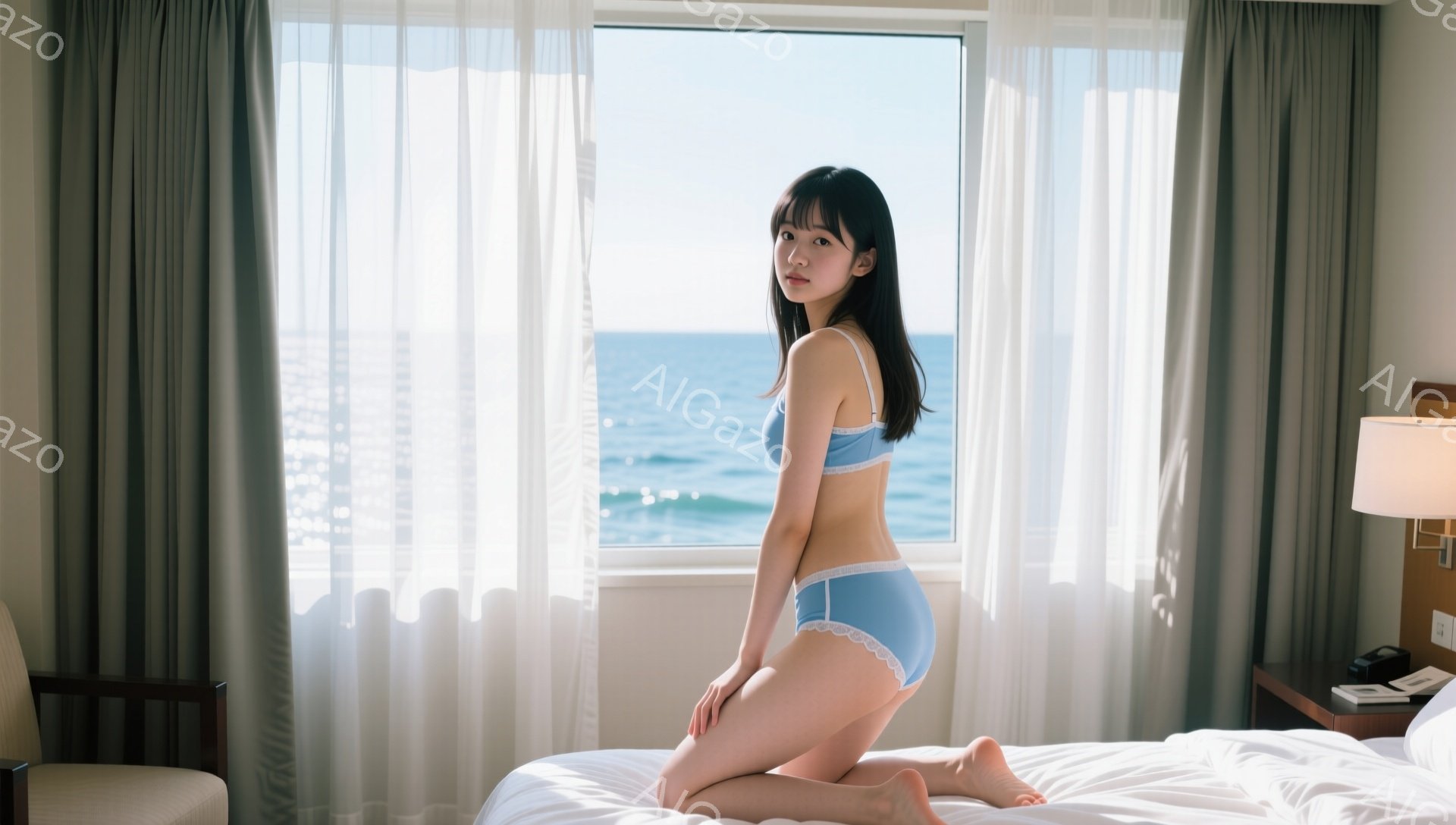 明るい部屋で、女性がベッドの上に膝をついて立っています。青いビキニ型の下着を着ており、長い黒髪が背中に伸びています。背景には、青い海と白い波が見え、窓から差し込む光が部屋全体を明るく照らしています。 - AI生成フリー素材