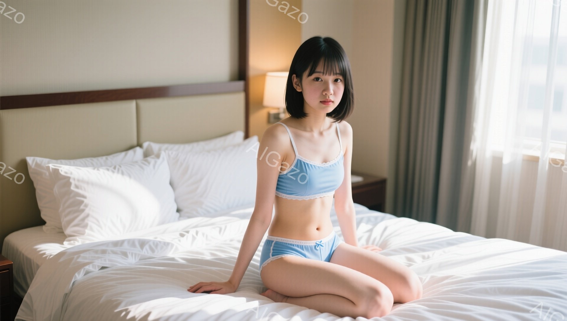 ショートヘアの女性がベッドに座っており、水色のキャミソールとショーツを身に着けている。彼女はやや真剣な表情で、膝を立てて座り、片手を膝に乗せている。背景はホテルの一室で、白い枕と木製のヘッドボードが見え、窓から光が差し込んでいる。