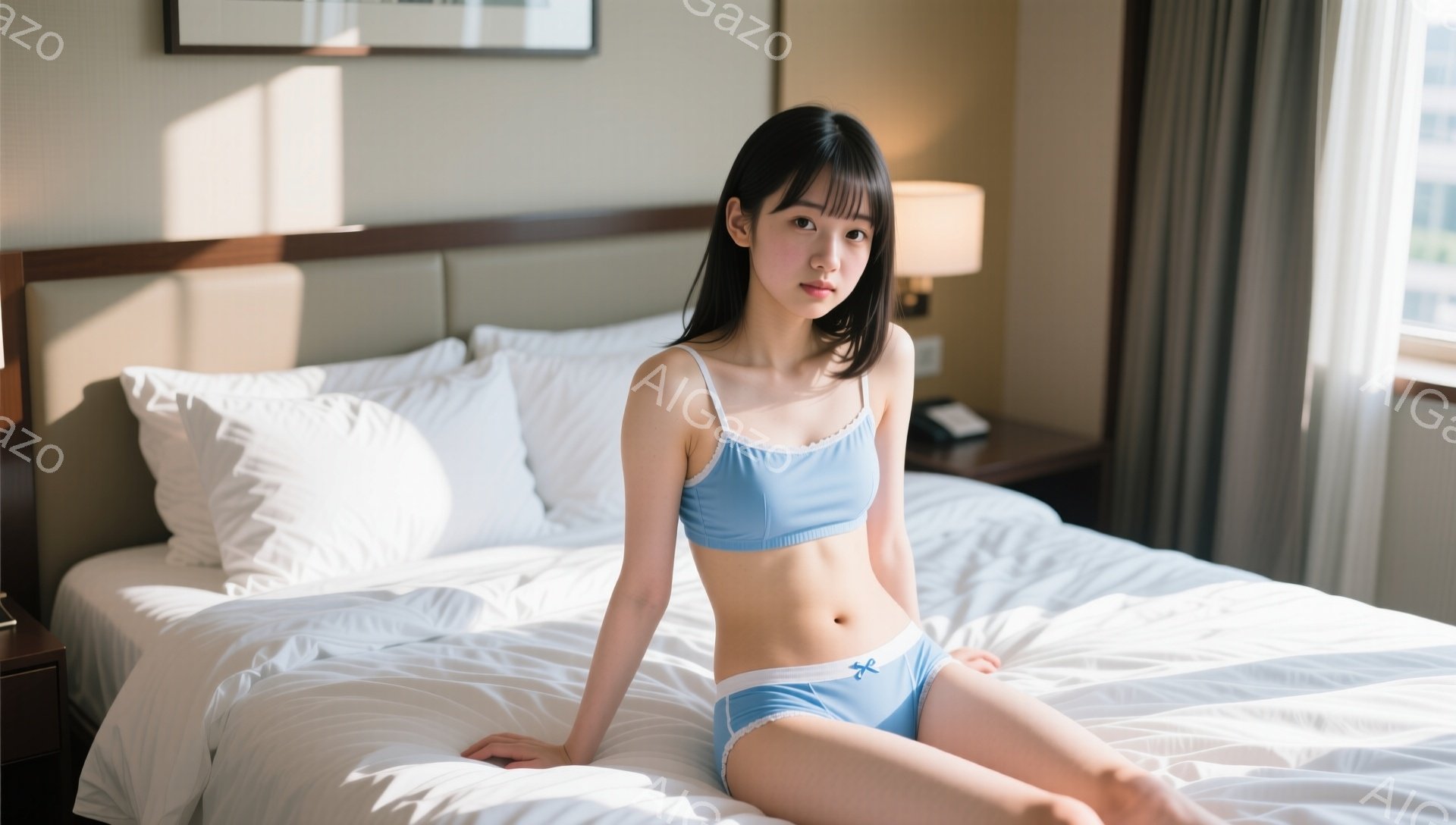 若い女性がベッドに座っており、水色のブラとショーツのセットアップを着用しています。彼女はストレートの黒髪と前髪を持ち、やや無表情な顔をしています。背景には白い枕とナイトテーブルがあり、窓からは都市の景色が見えます。