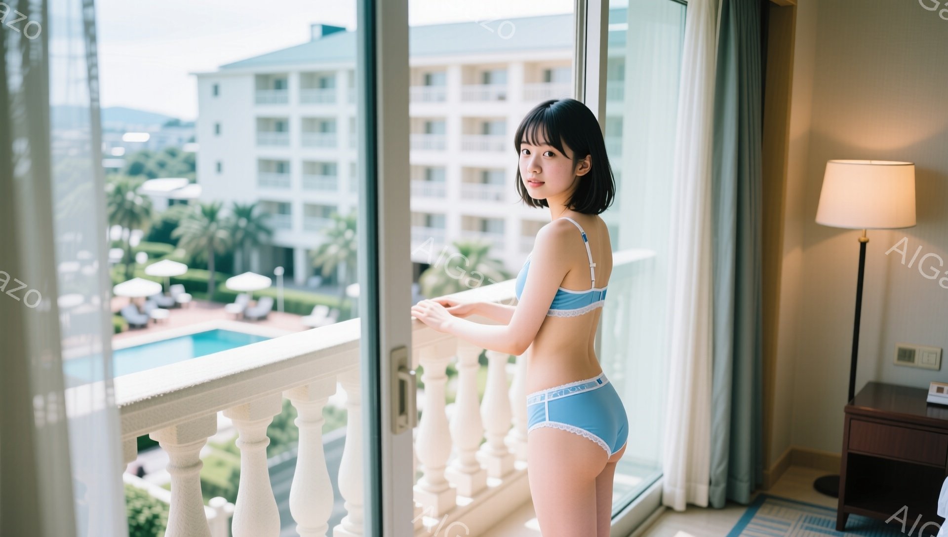 短い黒髪の女性が、バルコニーの手すりに寄りかかり、ターコイズブルーのブラとショーツ姿で立っている。彼女は少し微笑んでおり、視線は正面に向いている。背景にはプールとヤシの木が見え、晴れた日のリゾートホテルの部屋から撮影された写真であることがわかる。