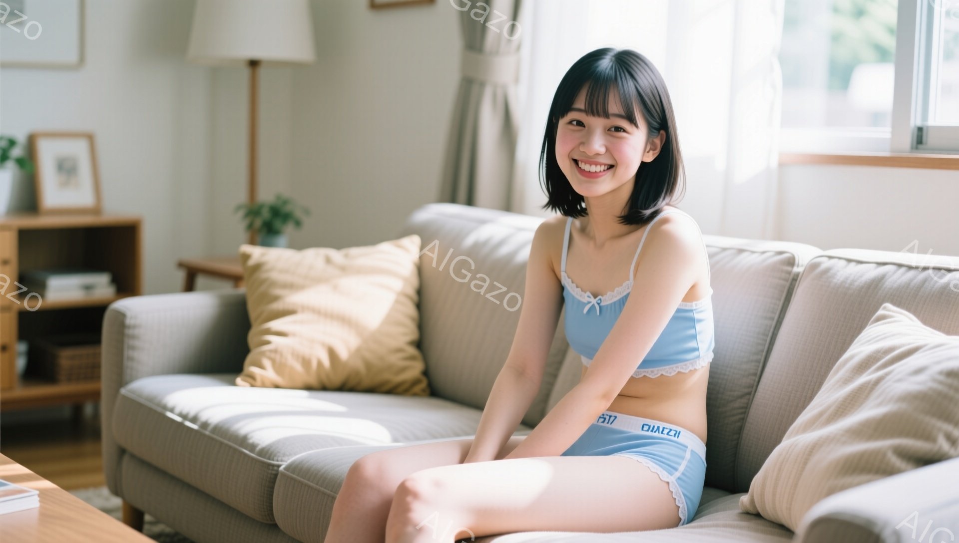 明るいリビングルームのソファに座っている若い女性が写っています。彼女はブルーのレーストリミングのキャミソールとブリーフ姿で、膝を曲げてソファに座り、微笑んでいます。背景には木製の棚と観葉植物があり、柔 - AI生成フリー素材