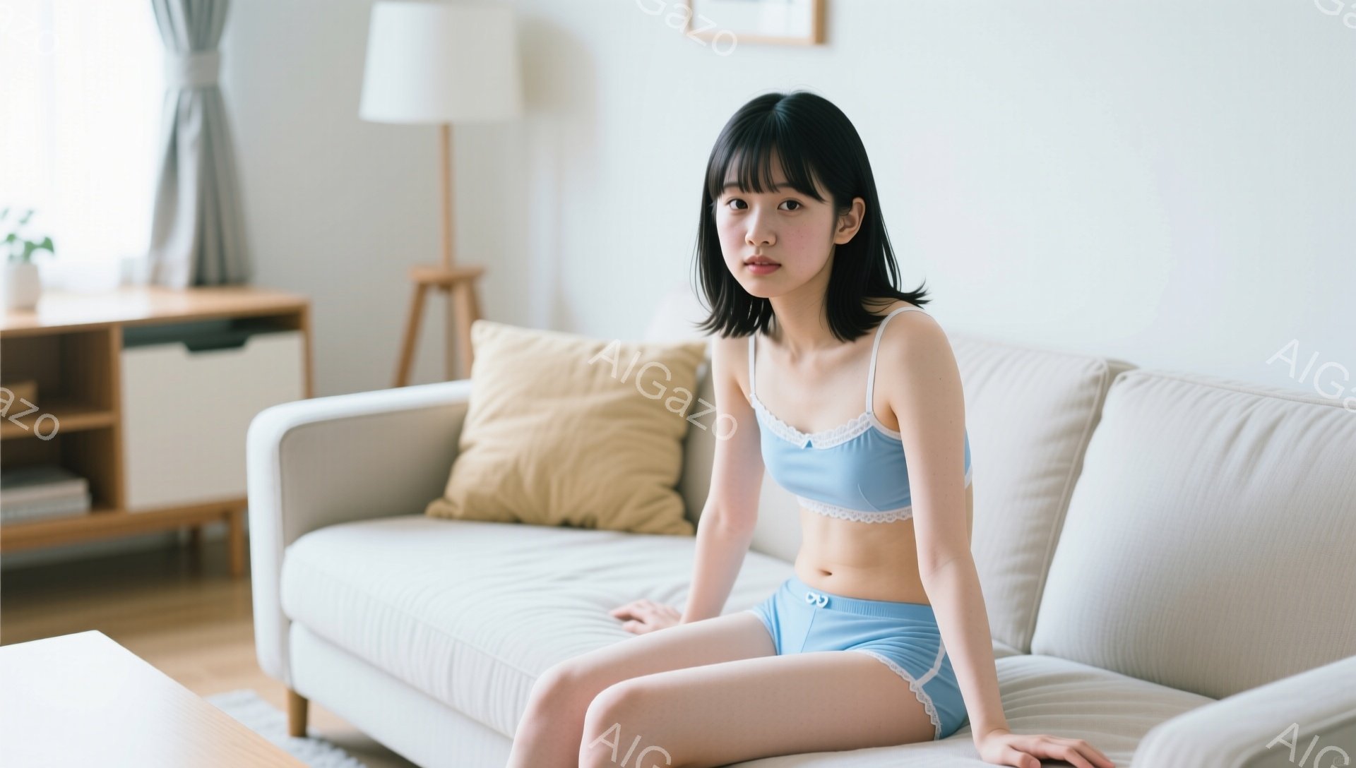 明るいリビングルームに座る若い女性が写っている。彼女は水色のレースのブラとショーツを身につけ、黒髪のショートボブスタイルで、少し不安そうな表情をしている。背景には、木製のキャビネット、ベージュのクッション、柔らかい光が差し込む窓が見え、全体的に穏やかで少し内省的な雰囲気を醸し出している。