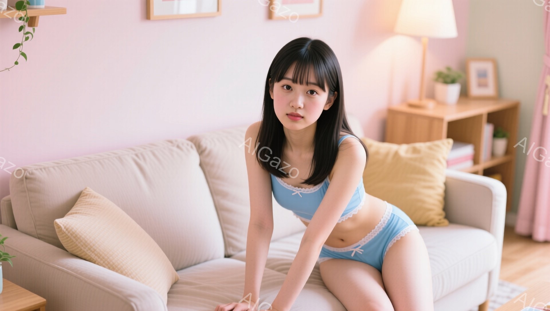 長い黒髪の女性が、明るいリビングルームのソファーに座っています。彼女は水色のブラとショーツを身に着けており、少し恥ずかしそうな表情をしています。背景には木製の棚や枕があり、温かくリラックスした雰囲気が漂っています。