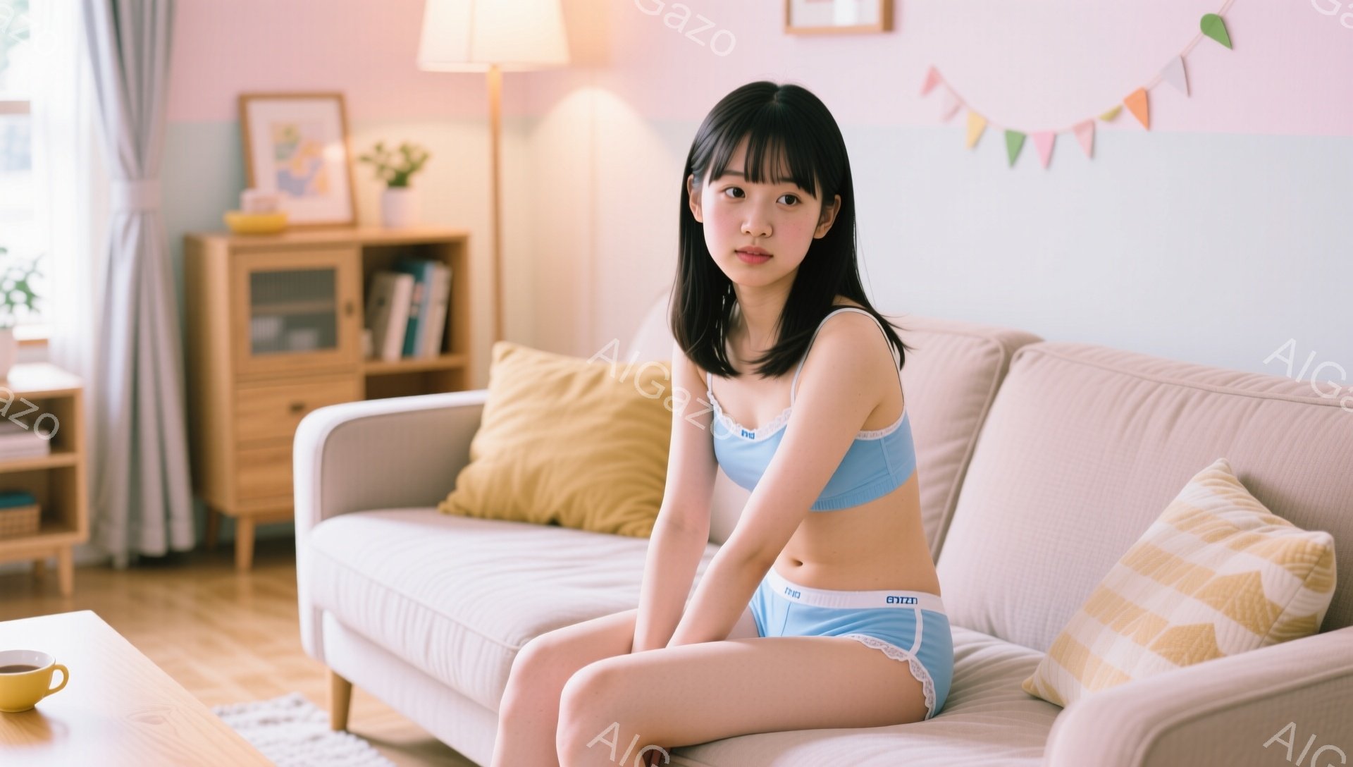明るいリビングルームのソファに座る若い女性が写っています。彼女は明るい水色のブラとショーツを身につけ、肩まで届く黒髪をセンターパートにしています。表情はやや無表情で、足は組まれ、リラックスした姿勢です。