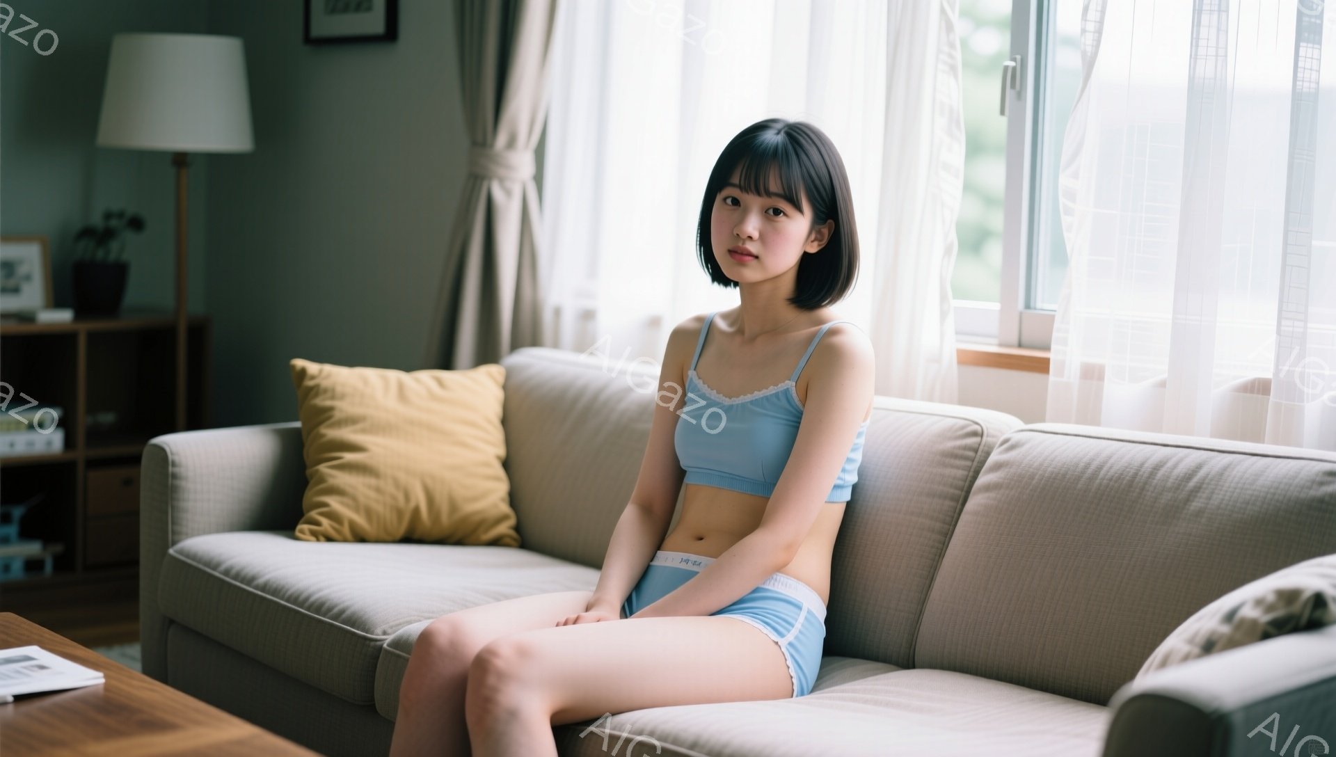 室内でソファーに座っている若い女性が写っています。彼女は短い黒髪で、少し微笑んでいます。水色の上下セットのアンダーウェアを着ており、リラックスした雰囲気で膝を曲げて座っています。 - AI生成フリー素材