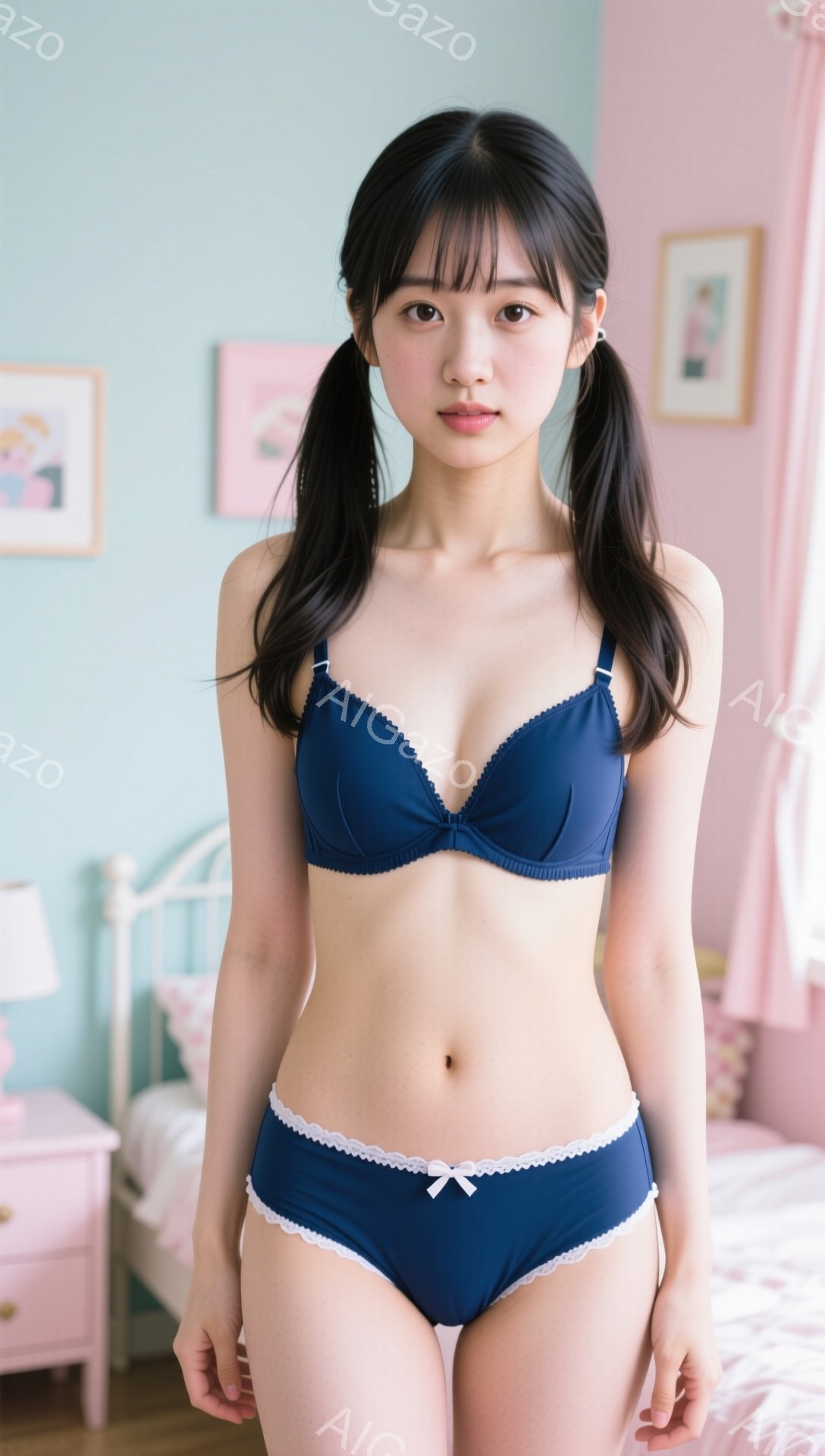 黒髪をツインテールにした若い女性が、紺色のレース付きブラとショーツのセットを身に着けて立っています。彼女は少し微笑んでおり、姿勢はまっすぐで、健康的で引き締まった体型を見せています。背景には、パステル - AI生成フリー素材