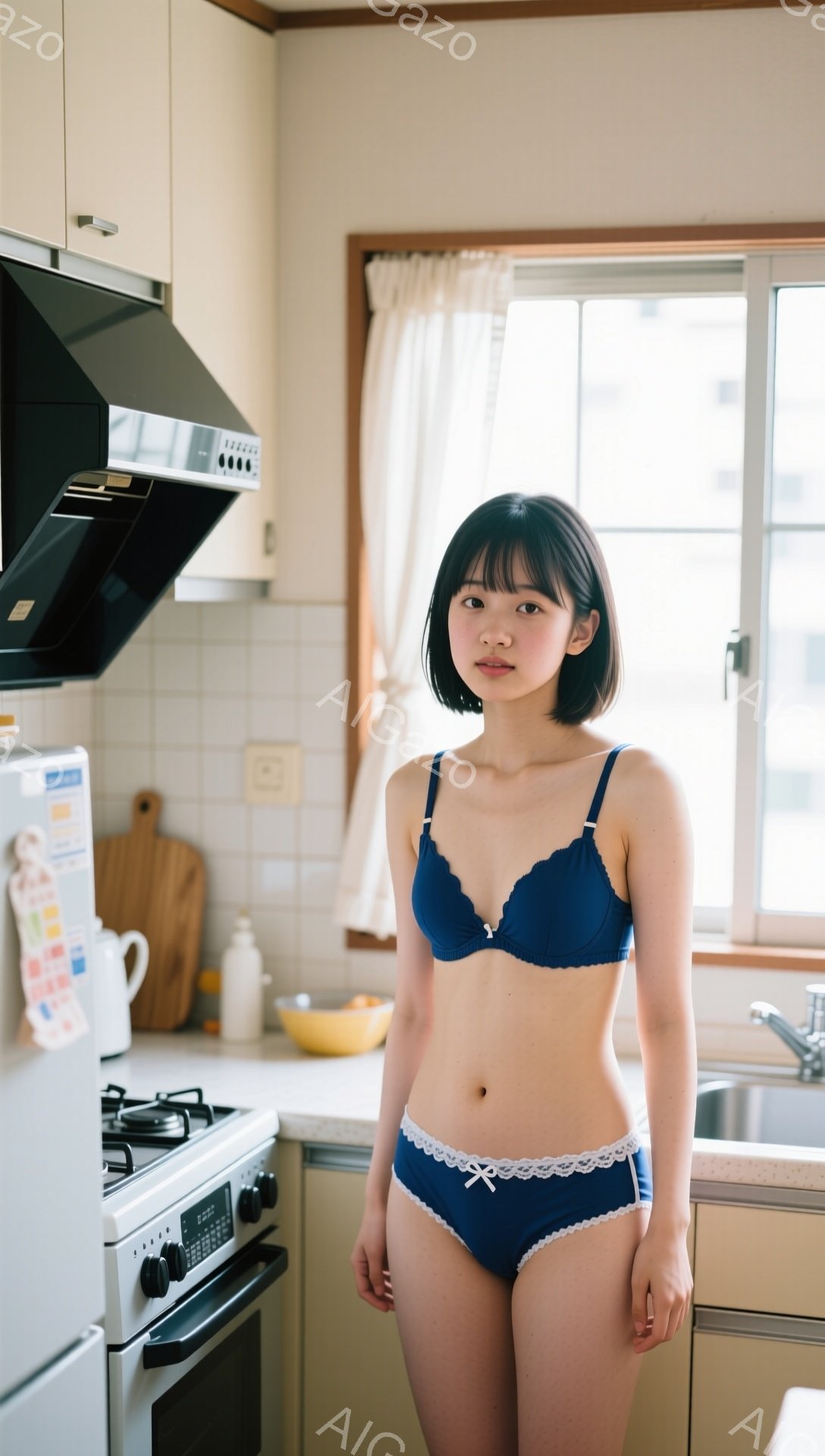 画像は、キッチンで青いブラとショーツを身に着けた若い女性を捉えています。彼女は短い黒髪で、表情は穏やかでやや物憂げです。背景には、流し、調理台、ガスコンロがあり、窓の外には建物が見えます。