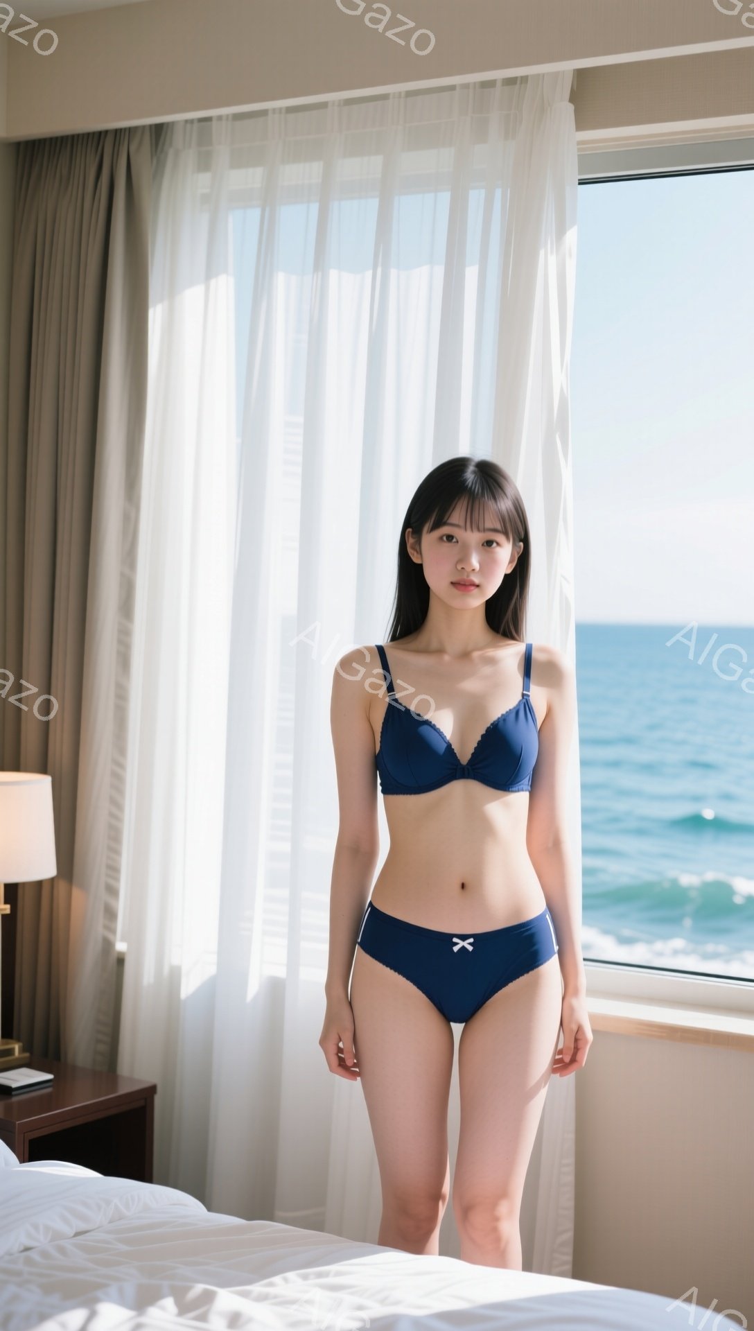 明るい日差しの下、ベッドの前に立つ女性が写っています。彼女はネイビーブルーのブラとショーツを身に着け、ストレートの黒髪を耳にかけるようにしています。背景には青い海と白いカーテンが見え、開放的でリラックスした雰囲気が漂っています。