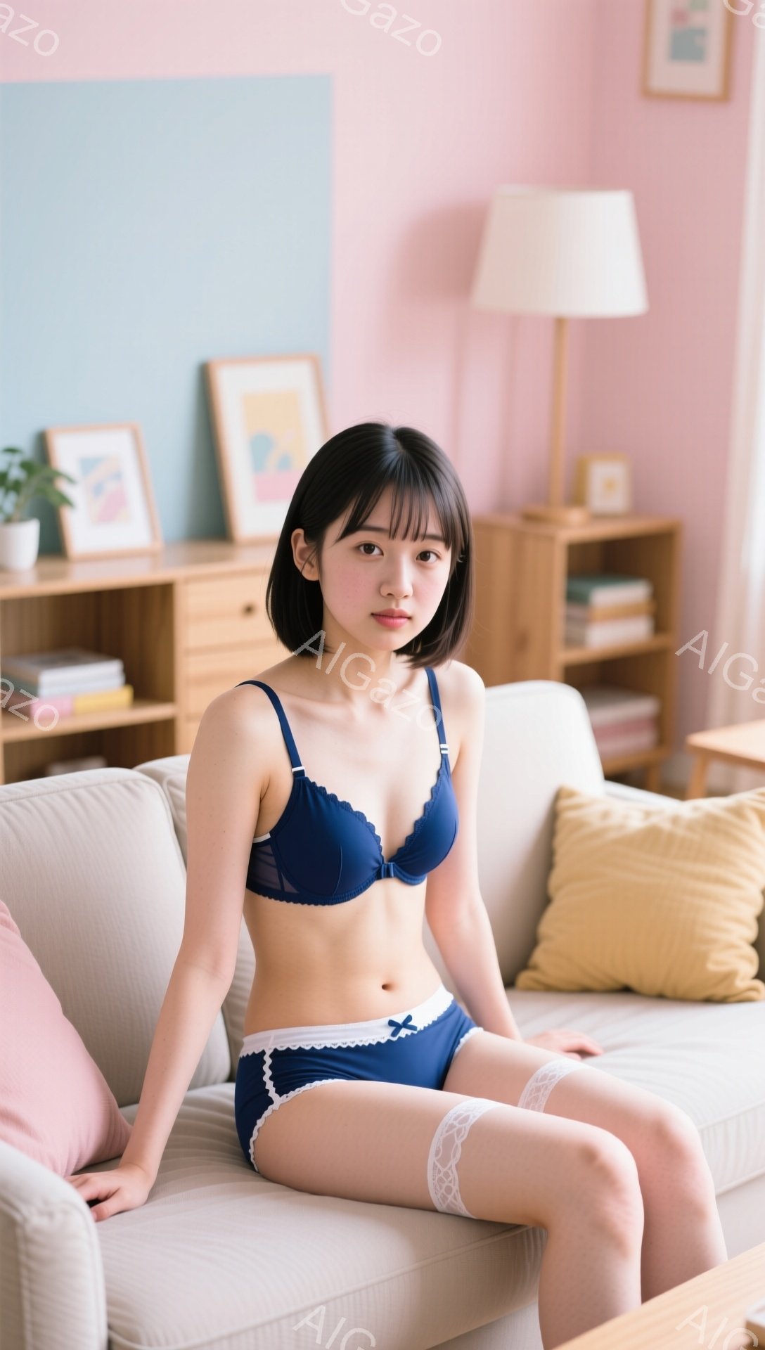 ショートヘアの女性がソファーに座っており、紺色のブラジャーと白と紺色の下着を着用しています。彼女は少し微笑んでおり、落ち着いた表情をしています。背景には、本棚や黄色いクッションが見え、リビングルームの - AI生成フリー素材