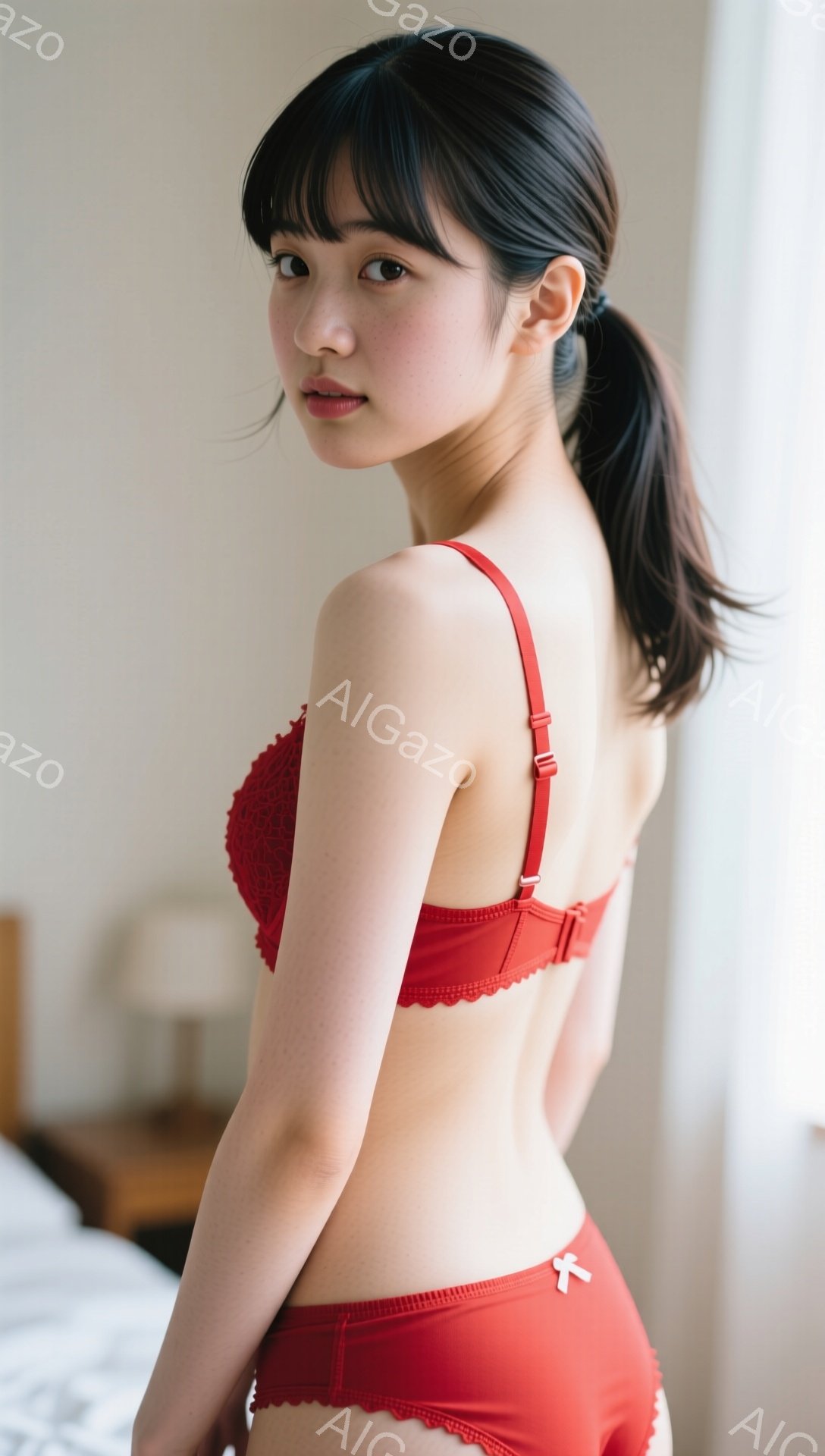 赤いレースのブラとショーツを身に着けた女性が、後ろ姿を見せています。彼女は黒髪で、後ろでポニーテールに結ばれています。背景には白いベッドとぼんやりとした家具が見え、全体的に柔らかく、親密な雰囲気が漂っ - AI生成フリー素材