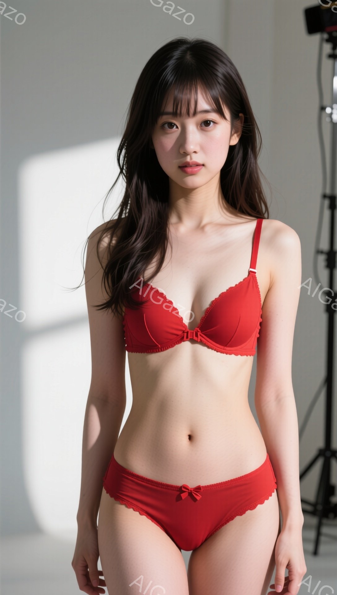 長い黒髪の女性が赤いランジェリーセットを着用し、わずかに微笑んでいます。彼女はまっすぐに立ち、片手を腰に当てています。背景は白く、カメラの機材の一部がぼやけて見えます。 - AI生成フリー素材