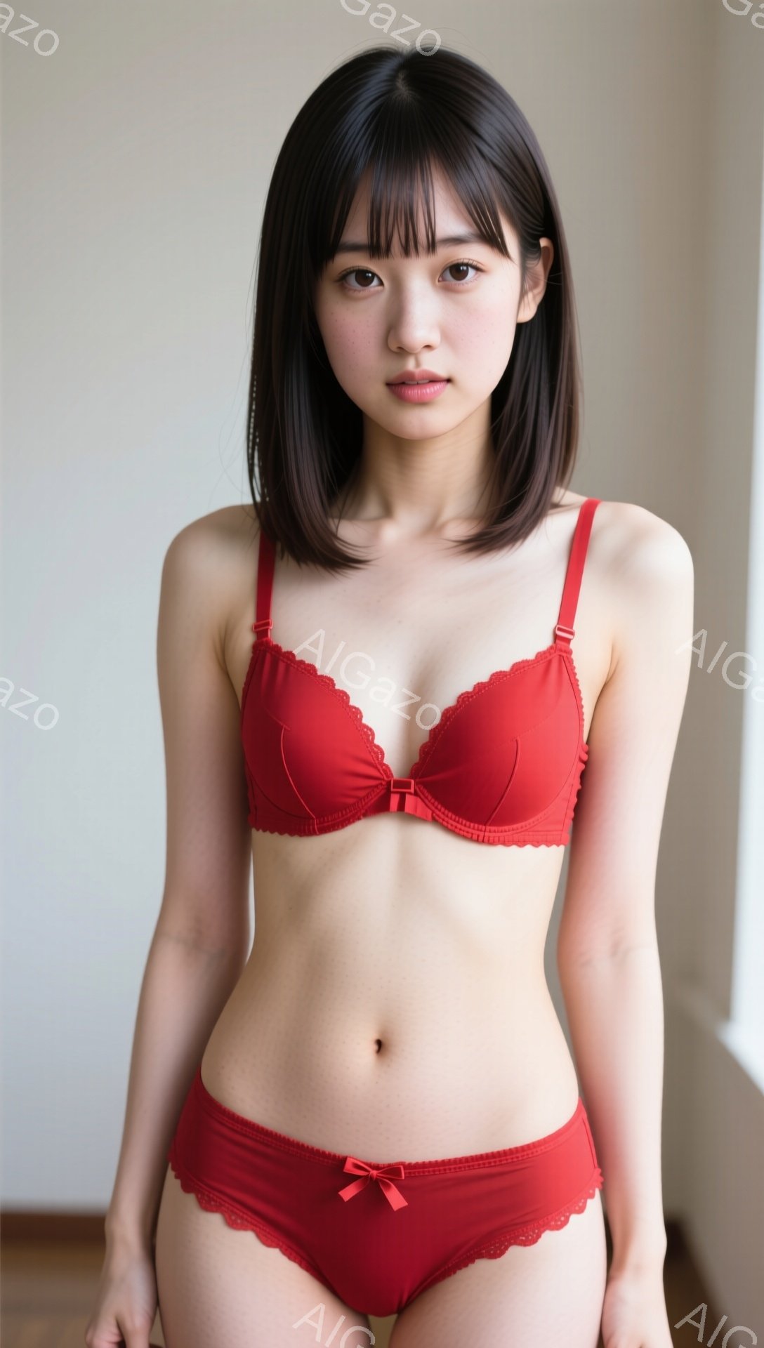 明るい色の壁を背景に、赤いランジェリー姿の若い女性が立っています。彼女は肩までの長さの黒髪で、前髪が目にかかっています。表情は穏やかで、正面をまっすぐ見ています。