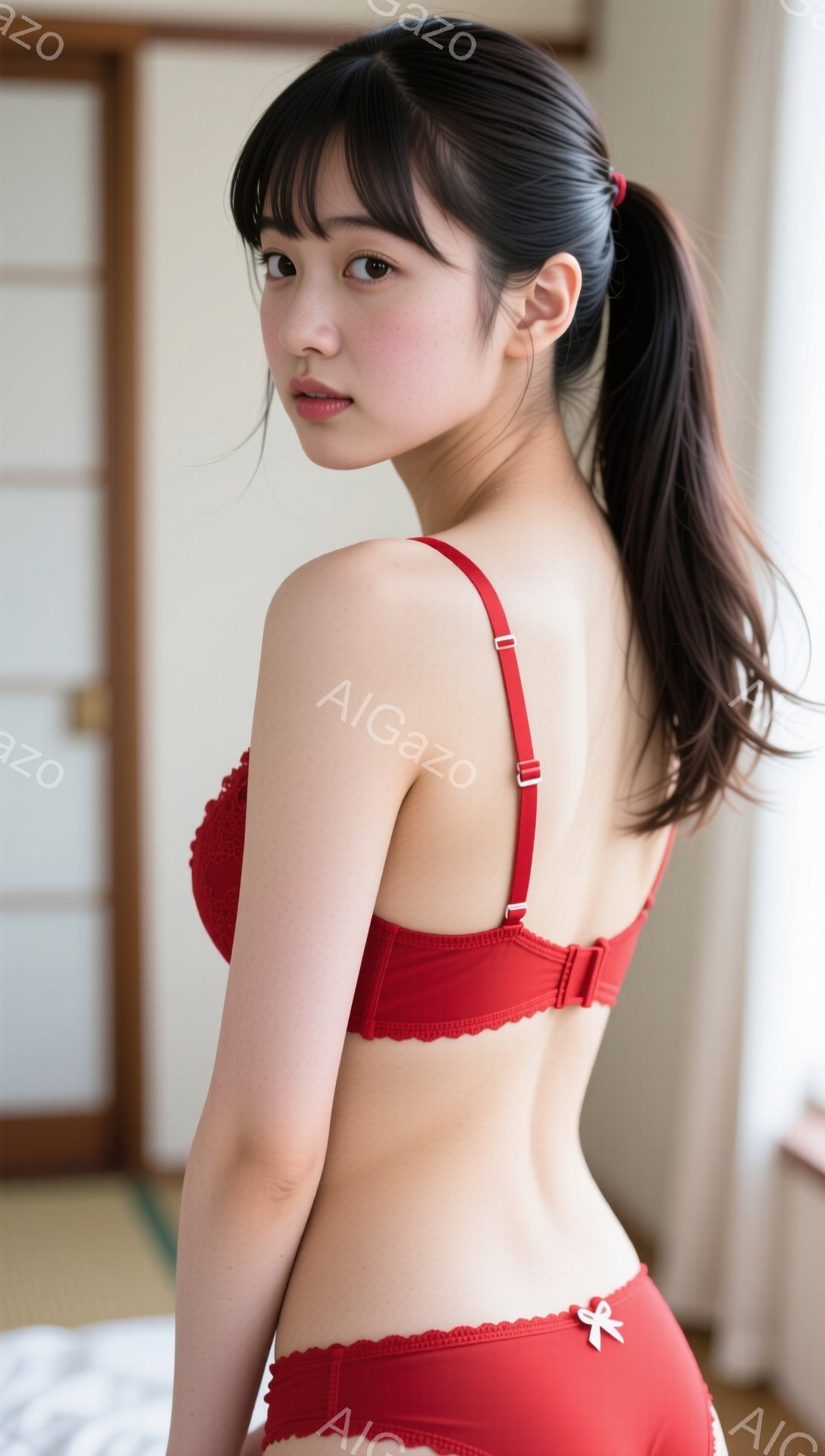 長い黒髪をポニーテールにした若い女性が、赤いレースのブラとショーツのセットを身につけて立っています。彼女は少し振り返り、カメラを見つめており、表情は微笑みを含んだ穏やかなものです。背景は畳の部屋で、日 - AI生成フリー素材