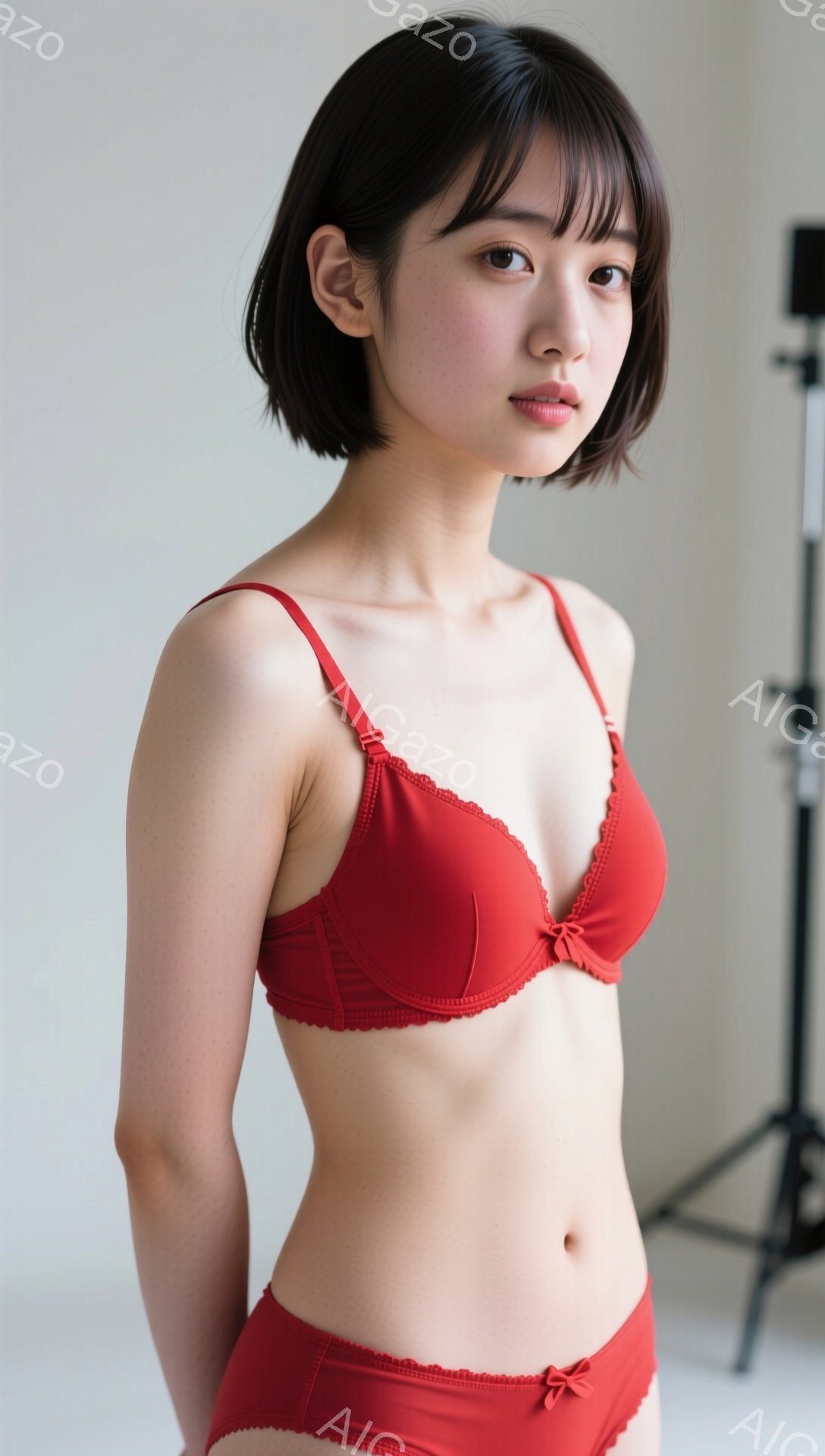 赤色のブラとショーツを着用した若い女性が写っています。彼女は肩までの長さの黒髪で、前髪が目に少しかかっています。落ち着いた表情でカメラを見つめており、背景はシンプルな白壁と黒い三脚です。