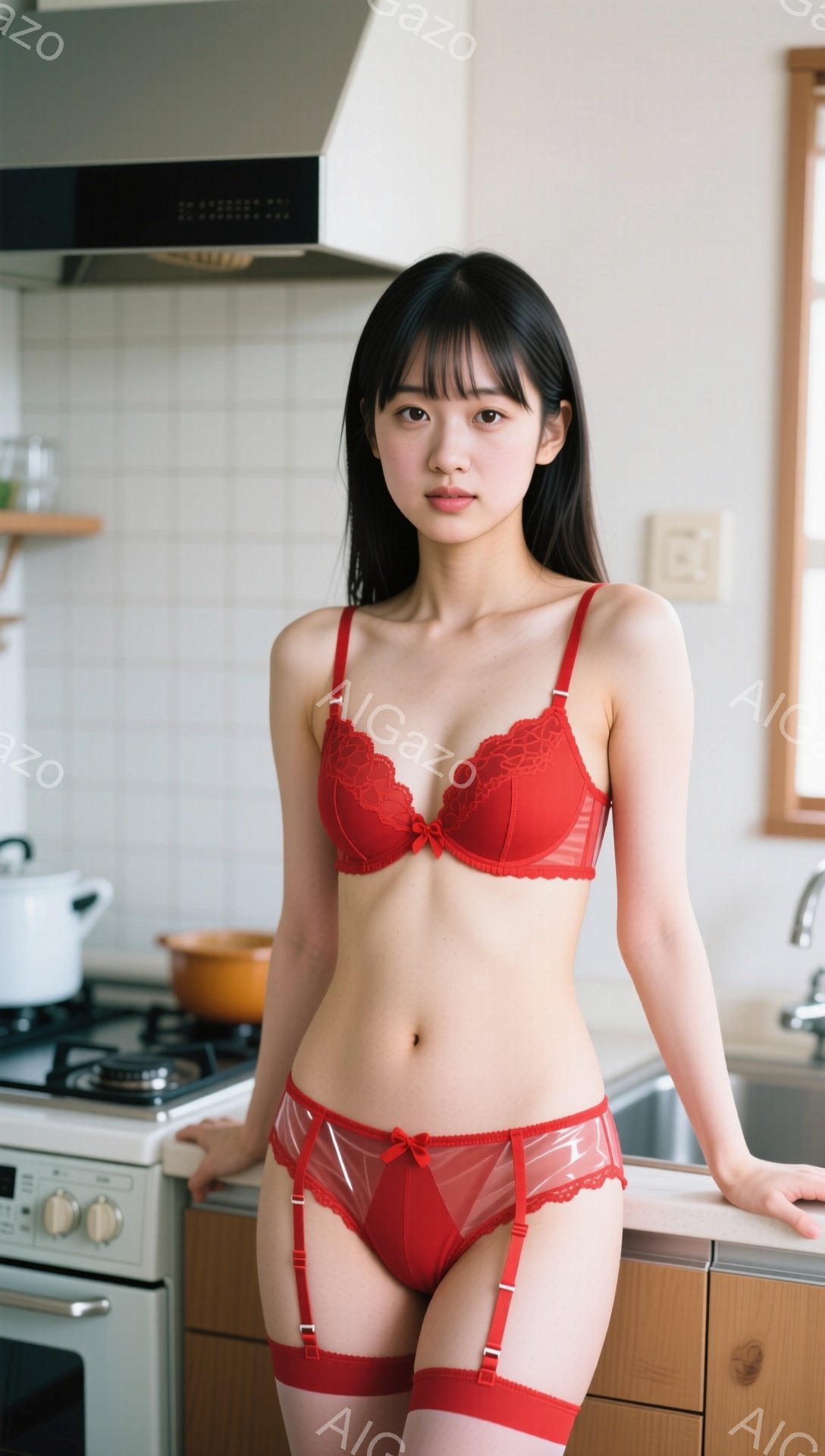 長い黒髪で前髪は眉毛にかかる程度にカットされた女性が、赤いレースのブラとショーツ、そして赤いサスペンダーを身に着けてキッチンに立っている。彼女は少し微笑んでおり、両手をキッチンカウンターに添えて、リラックスした姿勢でカメラを見ている。背景にはガスコンロ、シンク、戸棚があり、自然光が差し込んで明るい雰囲気である。