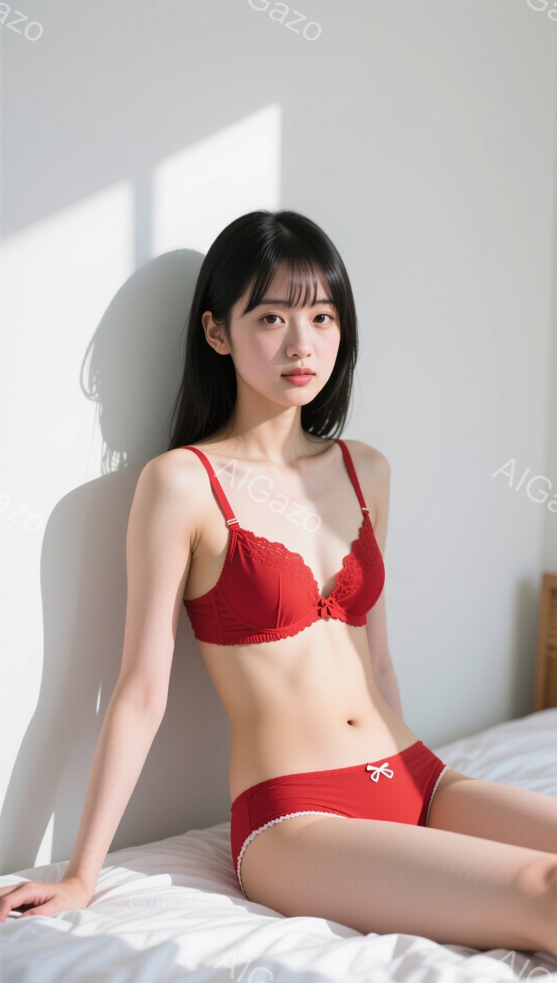 長い黒髪で前髪が目に届く女性が赤いブラとショーツのセットアップ姿でベッドに座っています。彼女はカメラに向かってわずかに微笑み、リラックスした表情をしています。背景は白く、光が差し込み、全体的に明るく清 - AI生成フリー素材