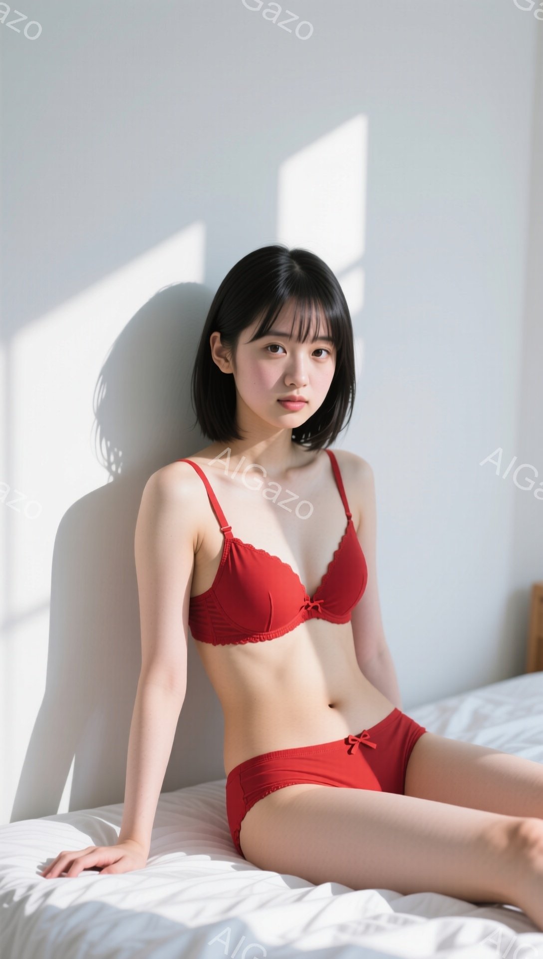 ショートヘアの若い女性が赤いブラとショーツのセットを着用し、白いベッドの上に座っています。彼女は少し憂いのある表情でカメラを見つめており、肌は滑らかで健康的です。背景は白く、強い光が差し込み、影が床に落ちています。