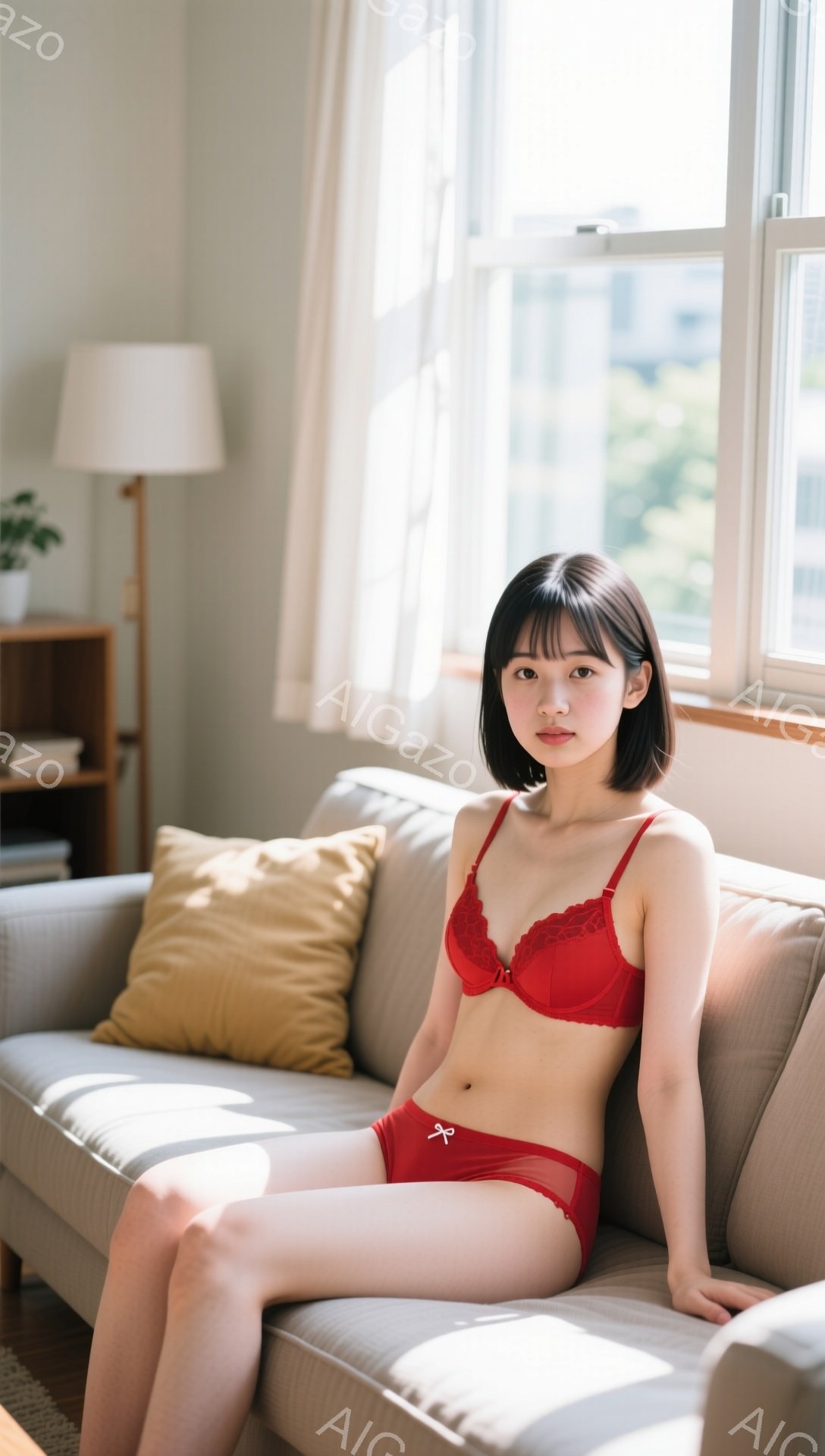 茶色のソファに座っている若い女性が写っています。彼女は赤いレースのブラとショーツを着ており、黒髪のショートヘアで、わずかに微笑んだ表情をしています。背景には窓からの自然光、柔らかいベージュ色のクッション、木製の家具が見え、全体的に暖かく、リラックスした雰囲気です。
