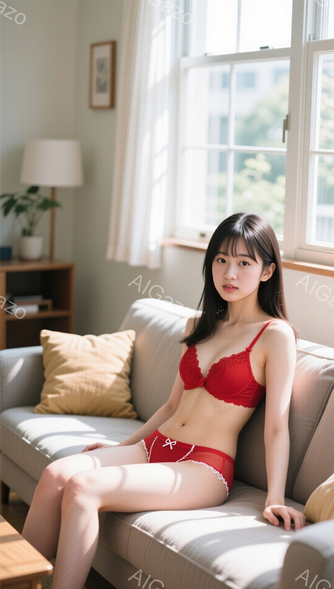 黒髪の女性がベージュのソファに座っており、赤いレースのブラとショーツを着用しています。彼女は少し微笑んでおり、リラックスした姿勢で足を伸ばして座っています。背景には、木製の棚、観葉植物、窓から差し込む自然光が見え、明るく穏やかな雰囲気が漂っています。