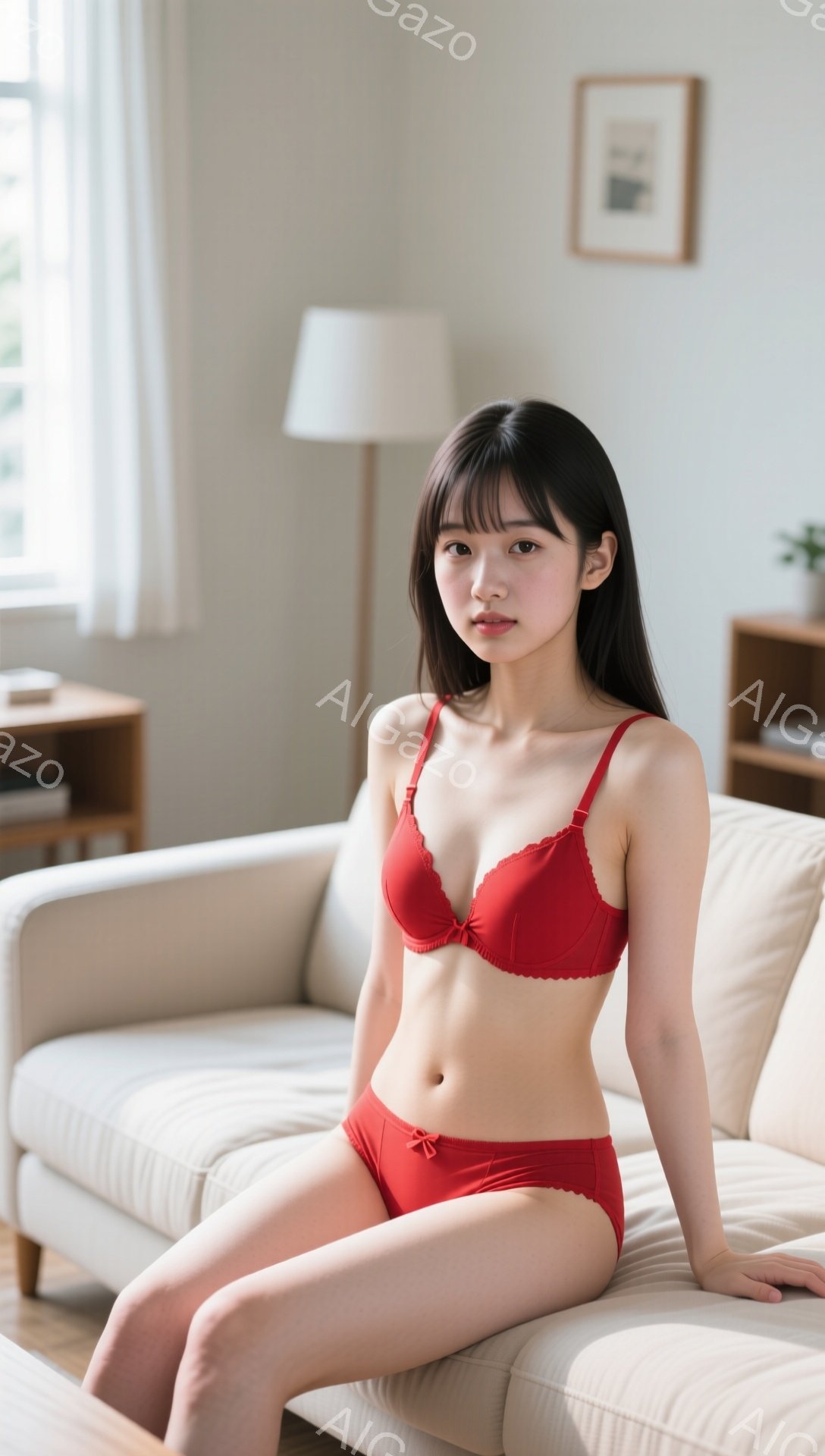 長い黒髪で前髪を作った若い女性が、赤いブラジャーとショーツ姿でベージュ色のソファに座っています。彼女は穏やかな表情でカメラを見つめ、片方の膝を立ててリラックスした姿勢をとっています。背景にはシンプルな - AI生成フリー素材