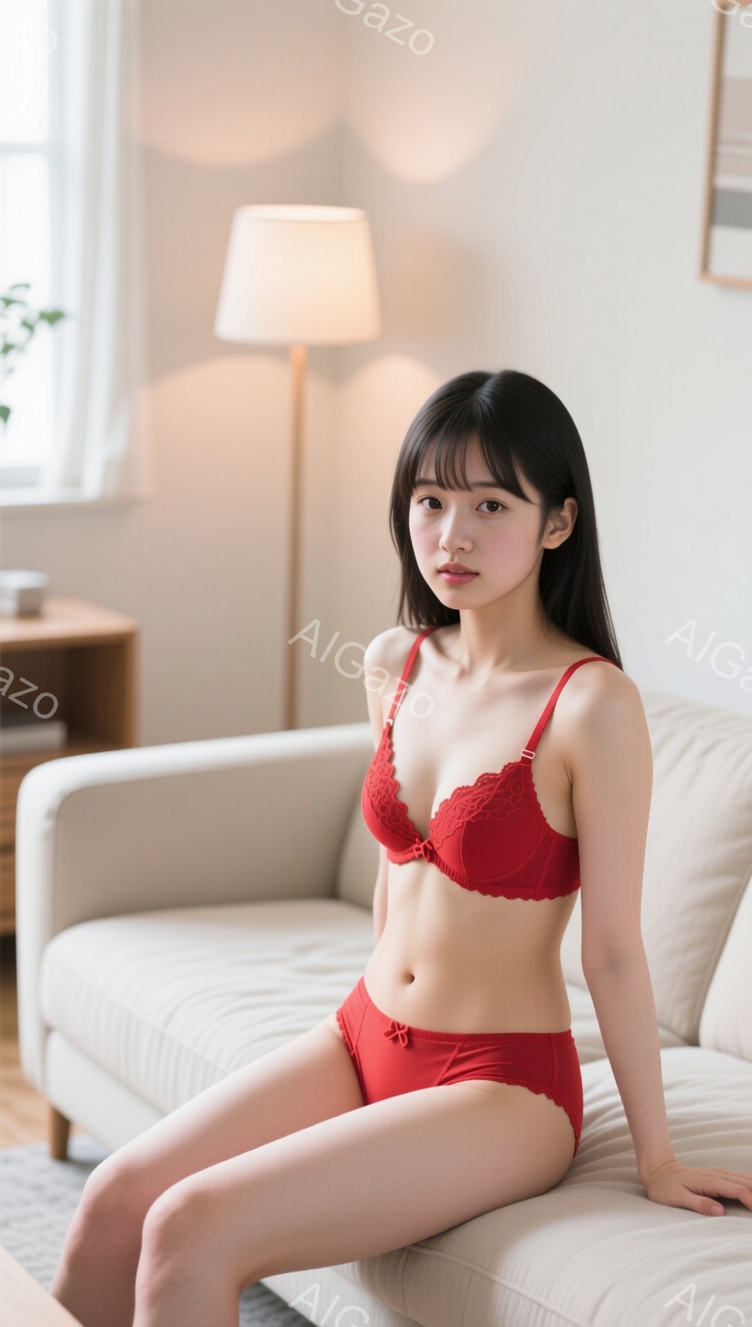 黒髪で前髪のある若い女性が、赤いランジェリー姿でクリーム色のソファーに座っています。彼女は少し微笑んでおり、リラックスした姿勢でソファーの縁に座り、片手を腰に添えています。背景には木製のサイドテーブル - AI生成フリー素材