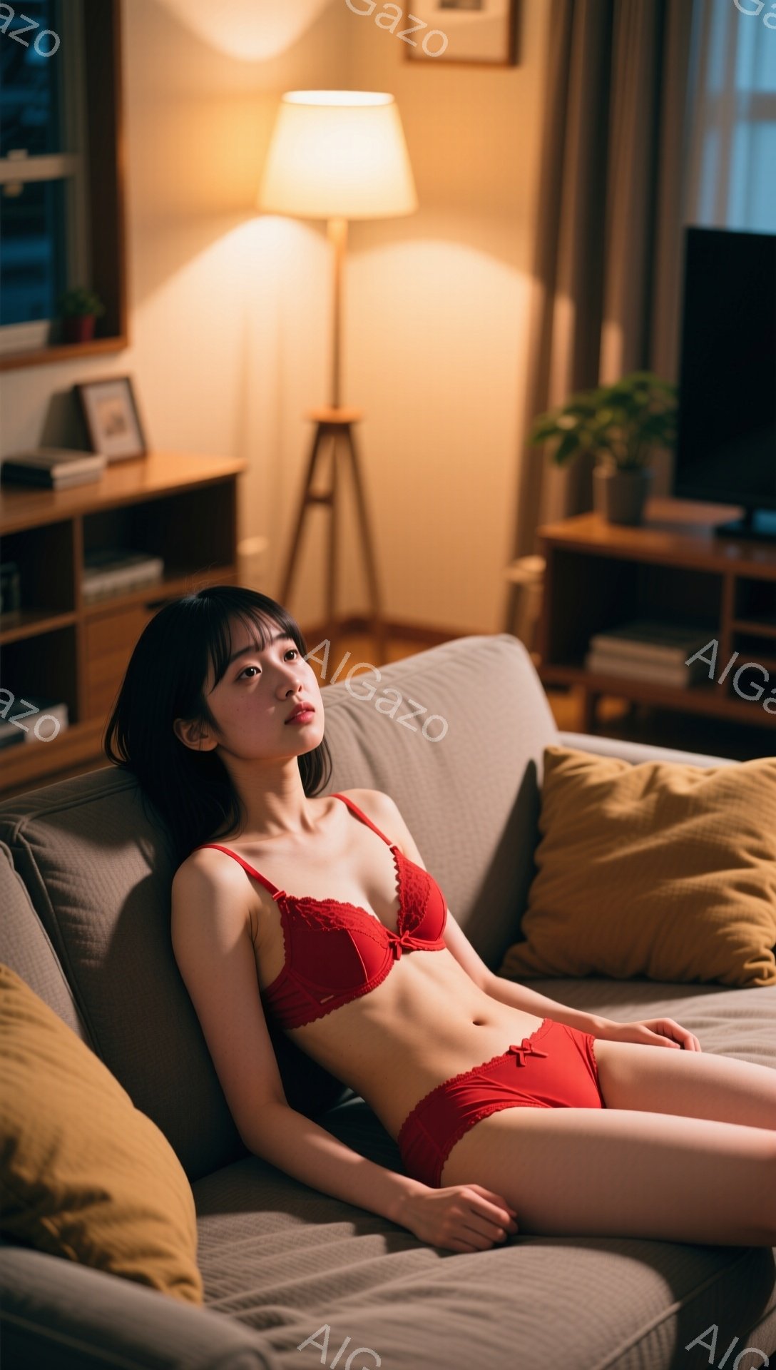 長い黒髪で、前髪は眉毛にかかるようにカットされた若い女性が、赤いレースのブラとショーツ姿でグレーのソファに横たわっています。彼女は少し体をひねってカメラを見つめており、リラックスした表情をしています。背景には、ランプ、本棚、植物が見え、暖色系の照明が室内を照らし、落ち着いた雰囲気を醸し出しています。