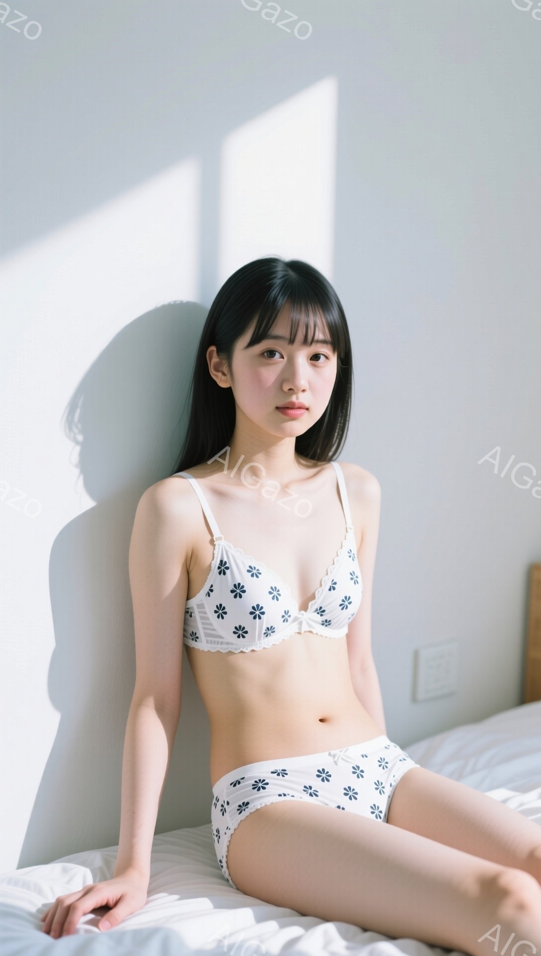 黒髪で前髪を下ろした若い女性が、白い花柄のブラとショーツを身につけてベッドに座っています。彼女はリラックスしたポーズで、やや下を向いた視線で穏やかな表情を浮かべています。背景は白く、壁には電源コンセン - AI生成フリー素材