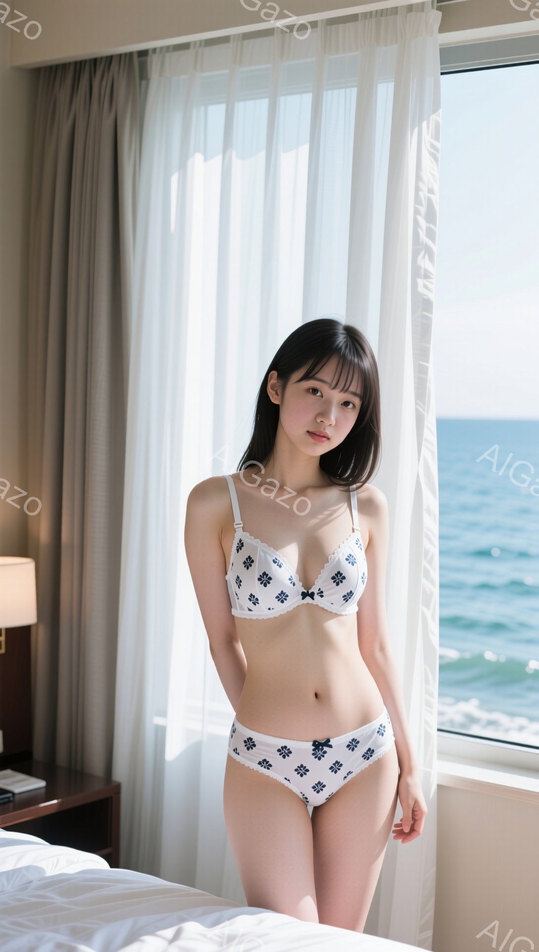 長い黒髪を肩にかける女性が、白い花柄のブラとショーツ姿でベッドの端に立っている。彼女は少し恥ずかしそうな表情で、穏やかな視線を投げかけている。窓の外には青い海が広がり、明るい日差しが差し込んでいる。