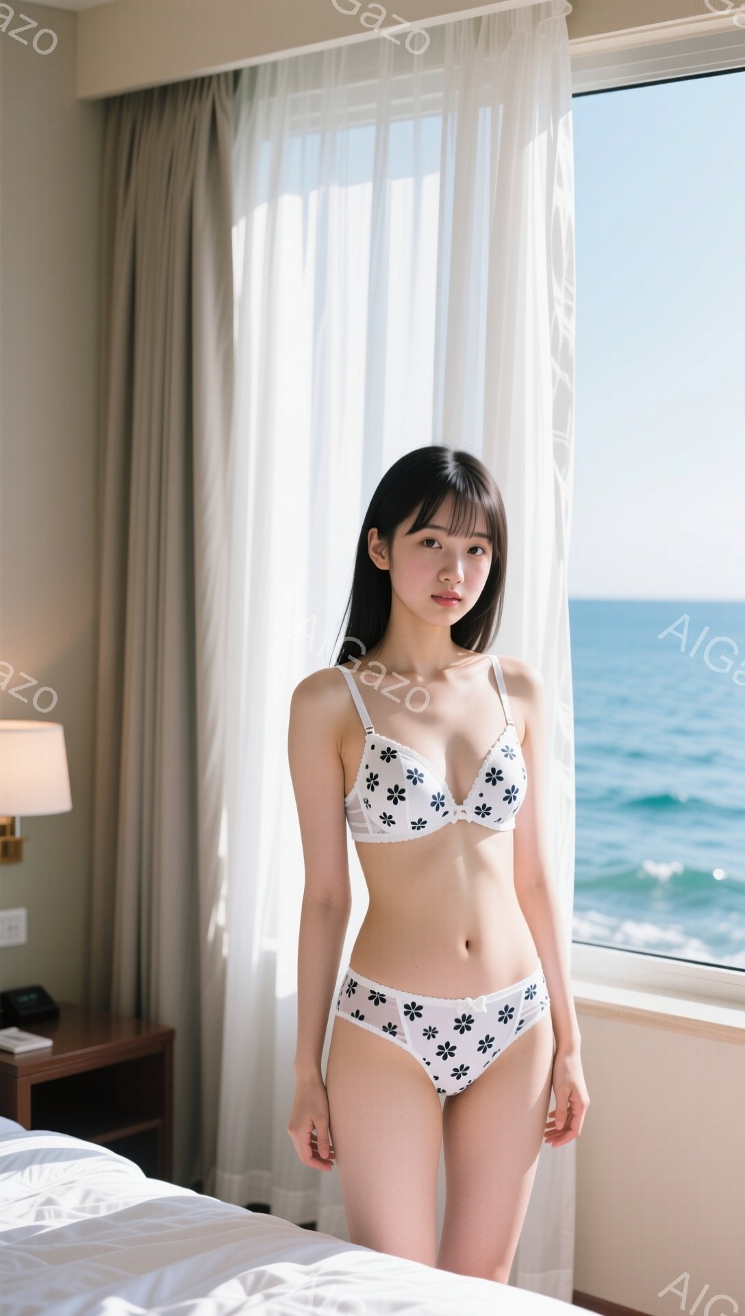 長い黒髪に前髪を下ろした若い女性が、白い花柄のブラとショーツのセットを身につけて立っています。彼女はわずかに微笑んでおり、落ち着いた表情をしています。背景には、青い海が見える窓と、白を基調としたシンプ - AI生成フリー素材