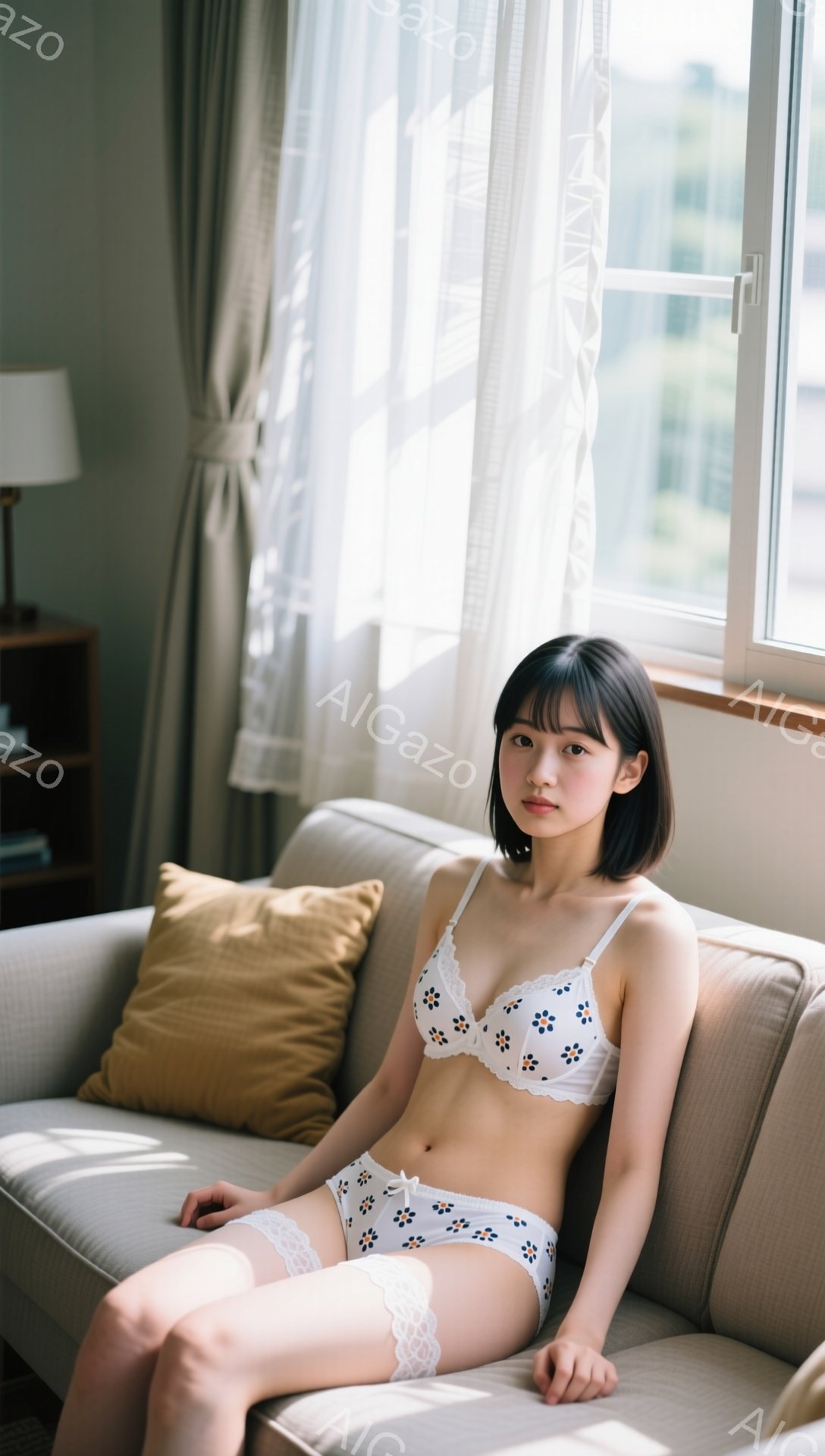 短い黒髪の女性がベージュのソファに座っています。白い花柄のブラとショーツを身に着け、リラックスした表情で足を組んでいます。窓からは自然光が差し込み、部屋全体が明るく、背後の窓の外には建物が見えます。 - AI生成フリー素材