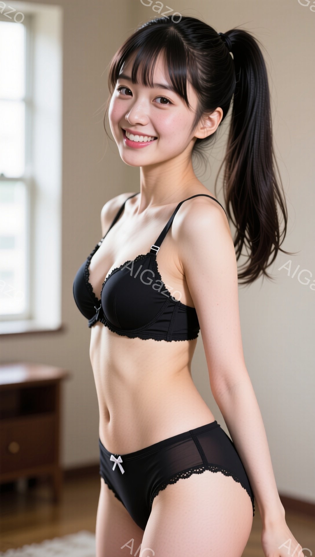 黒いレースのブラとショーツを身に着けた若い女性が、少し微笑みながら立っています。髪は高い位置でポニーテールに結ばれており、肌は明るく滑らかに見えます。背景には木製のキャビネットと窓が見え、室内で撮影された暖かい雰囲気の写真です。