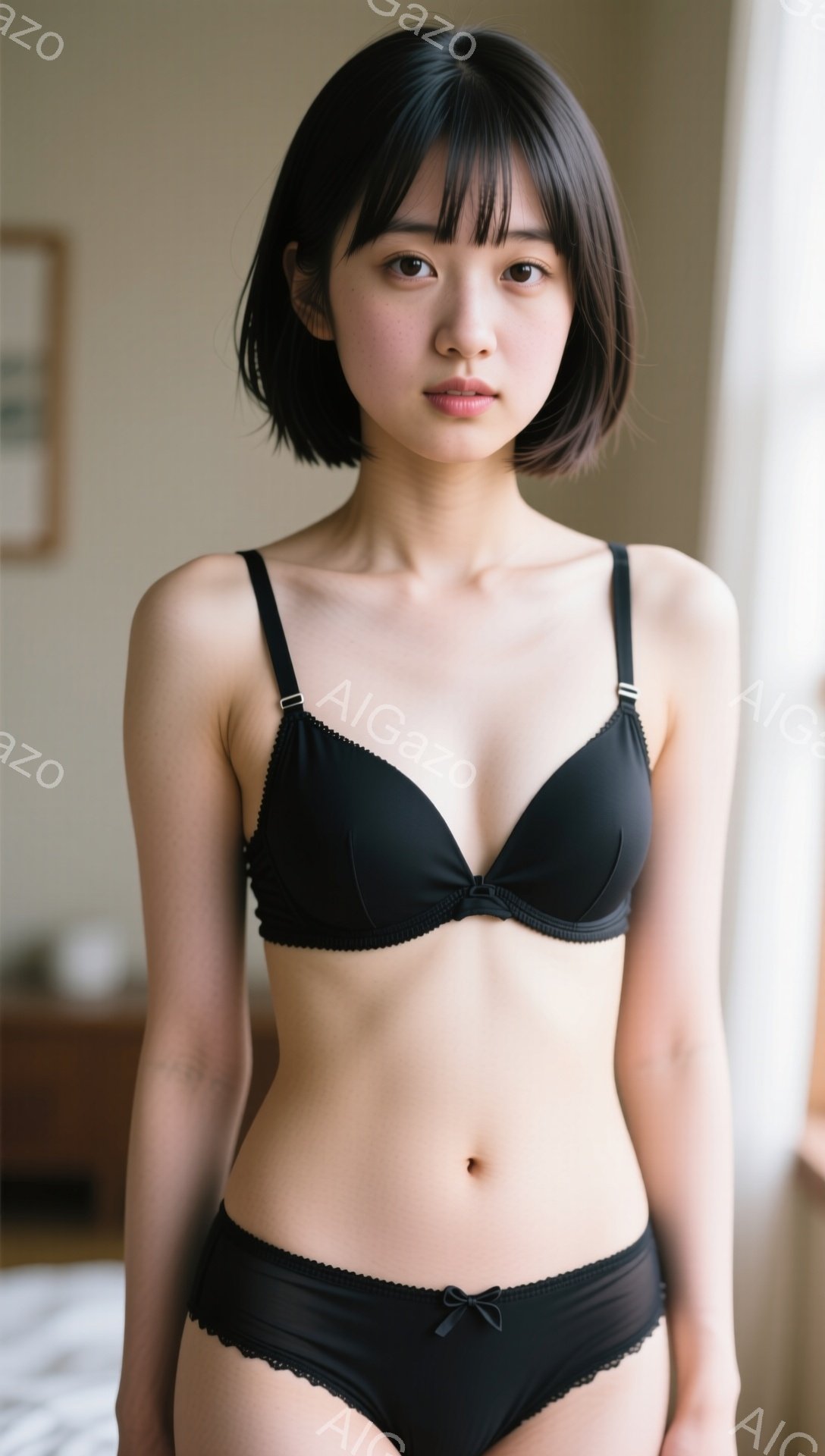 黒いブラとショーツを着用した若い女性が写っている。彼女は肩までの長さの黒髪で、前髪が目にかかっており、表情は穏やかで少し微笑んでいる。背景はぼやけた室内で、ベッドや壁の一部が見え、全体的に落ち着いた雰 - AI生成フリー素材