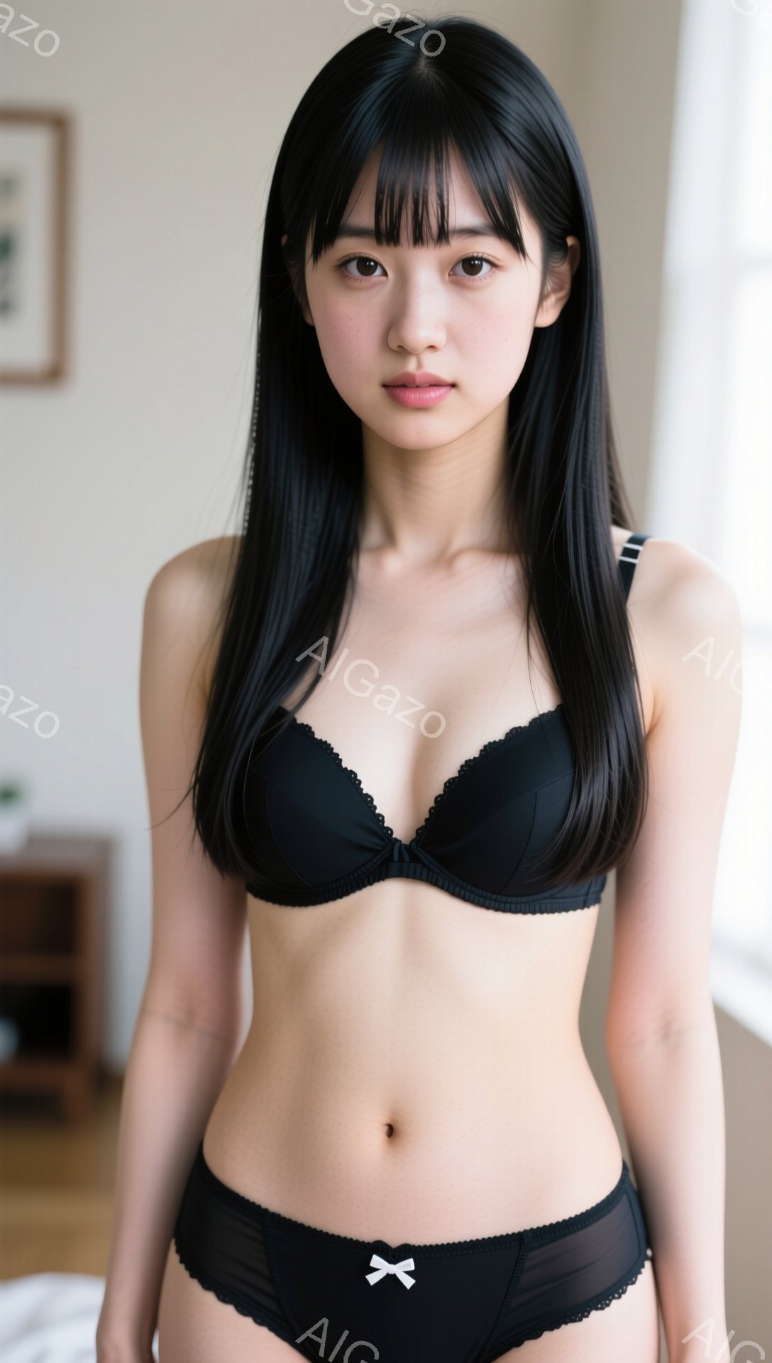 黒髪の女性が、黒いブラジャーとショーツのランジェリー姿で正面を向いています。彼女は、肩まで伸びたストレートヘアで、少し微笑んだ表情をしています。背景には、シンプルな内装の部屋、窓からの自然光、そして控 - AI生成フリー素材