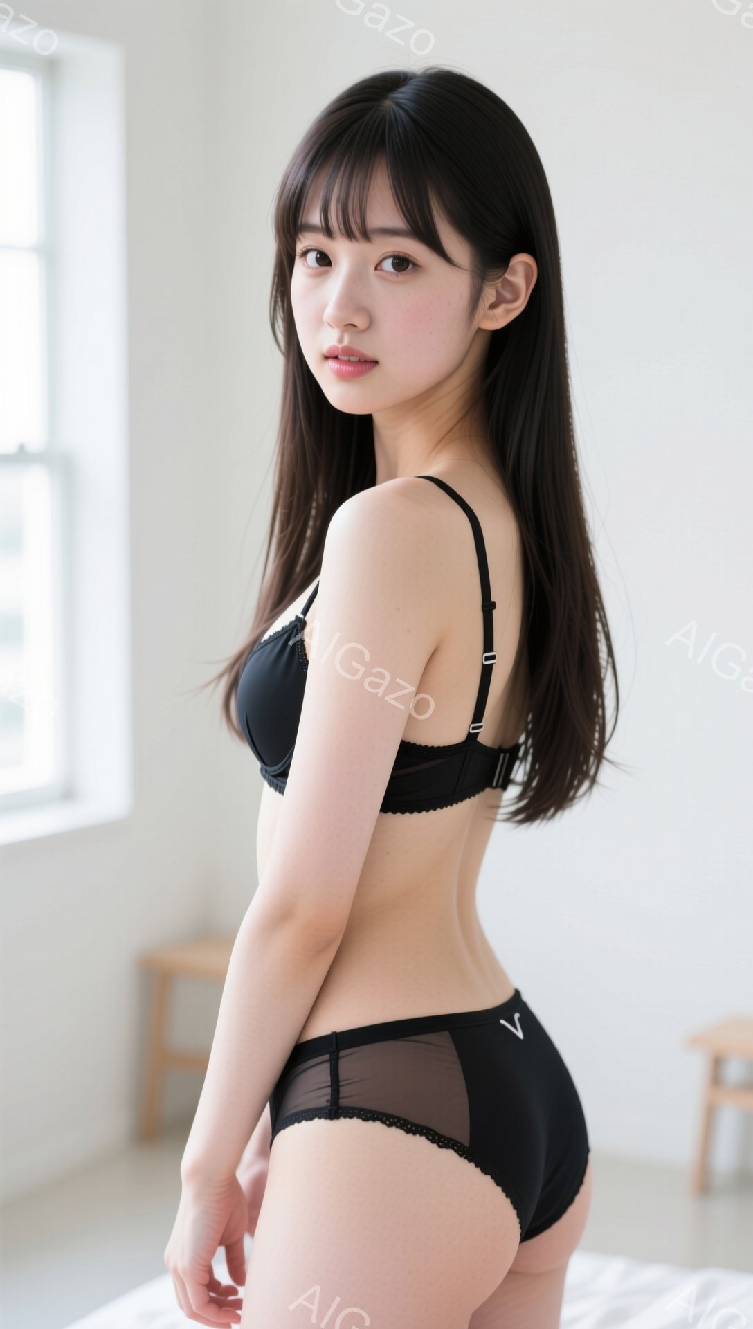 長い黒髪を肩まで伸ばした女性が、黒い下着姿で正面を向いています。彼女はわずかに微笑み、自信に満ちた表情で、少し体をひねってポーズをとっています。背景はシンプルな室内で、白い壁とわずかな家具が見えます。 - AI生成フリー素材