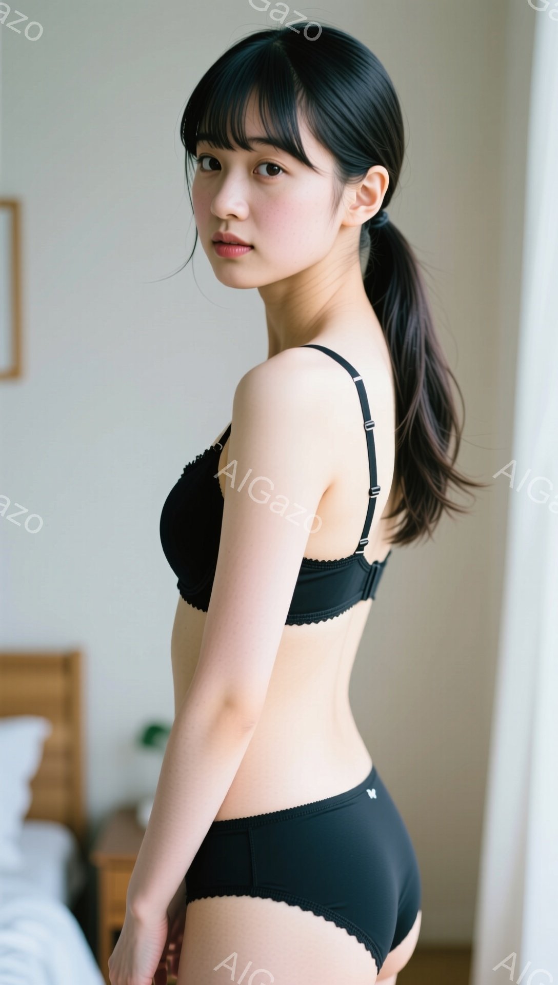 黒いレースのブラジャーとショーツを身に着けた若い女性が、ベッドのそばに立ってポーズをとっています。彼女は長い黒髪をポニーテールにし、少し微笑んでカメラを見ています。背景は木製の家具と柔らかい光が差し込む部屋で、リラックスした雰囲気が漂っています。