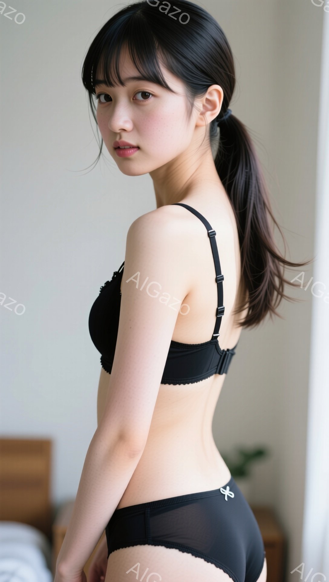 黒いレースのブラとショーツを身に着けた若い女性が、少し振り返ってこちらを見ている。彼女は長い黒髪をポニーテールにし、顔には穏やかな微笑みが浮かんでいる。背景にはベッドの一部が見え、部屋は明るく清潔な印象を受ける。