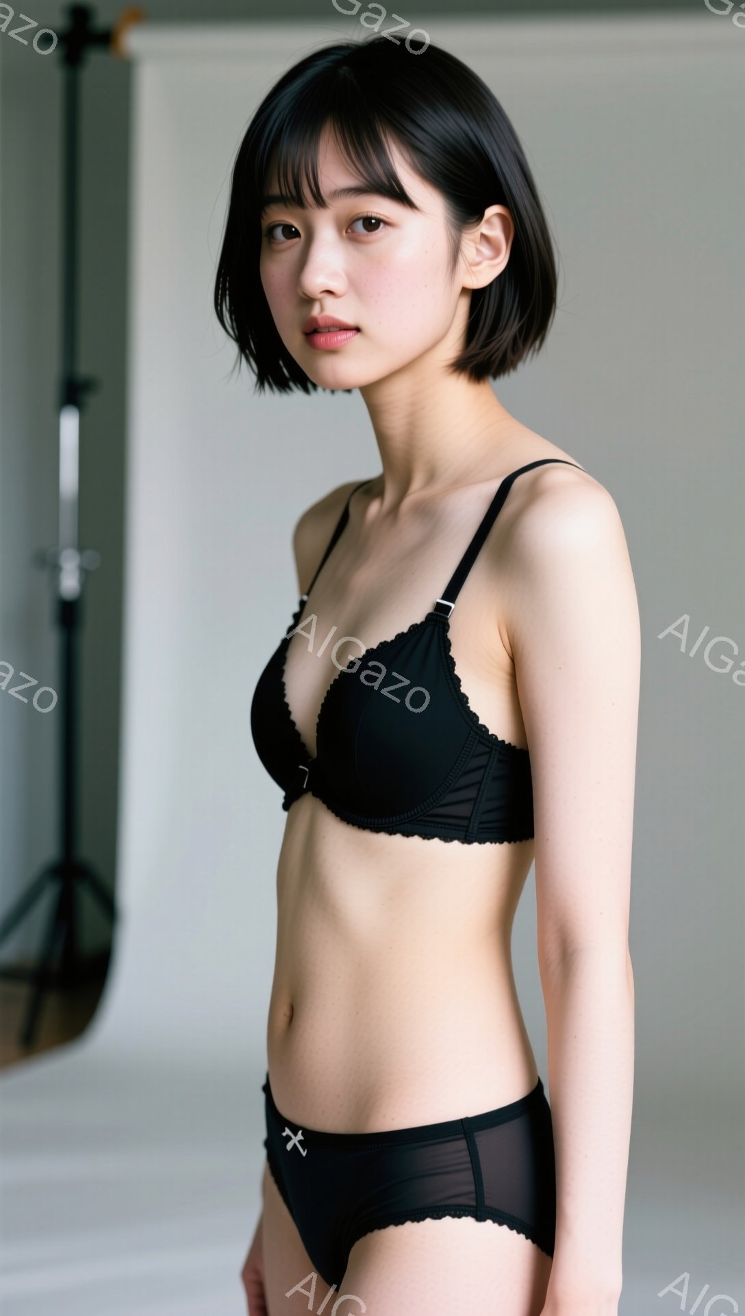 黒いブラとショーツを身に着けた若い女性が、正面を向いて立っている。彼女は短い黒髪で、無表情な顔をしている。背景は白く、スタジオの照明機材の一部がわずかに見える。